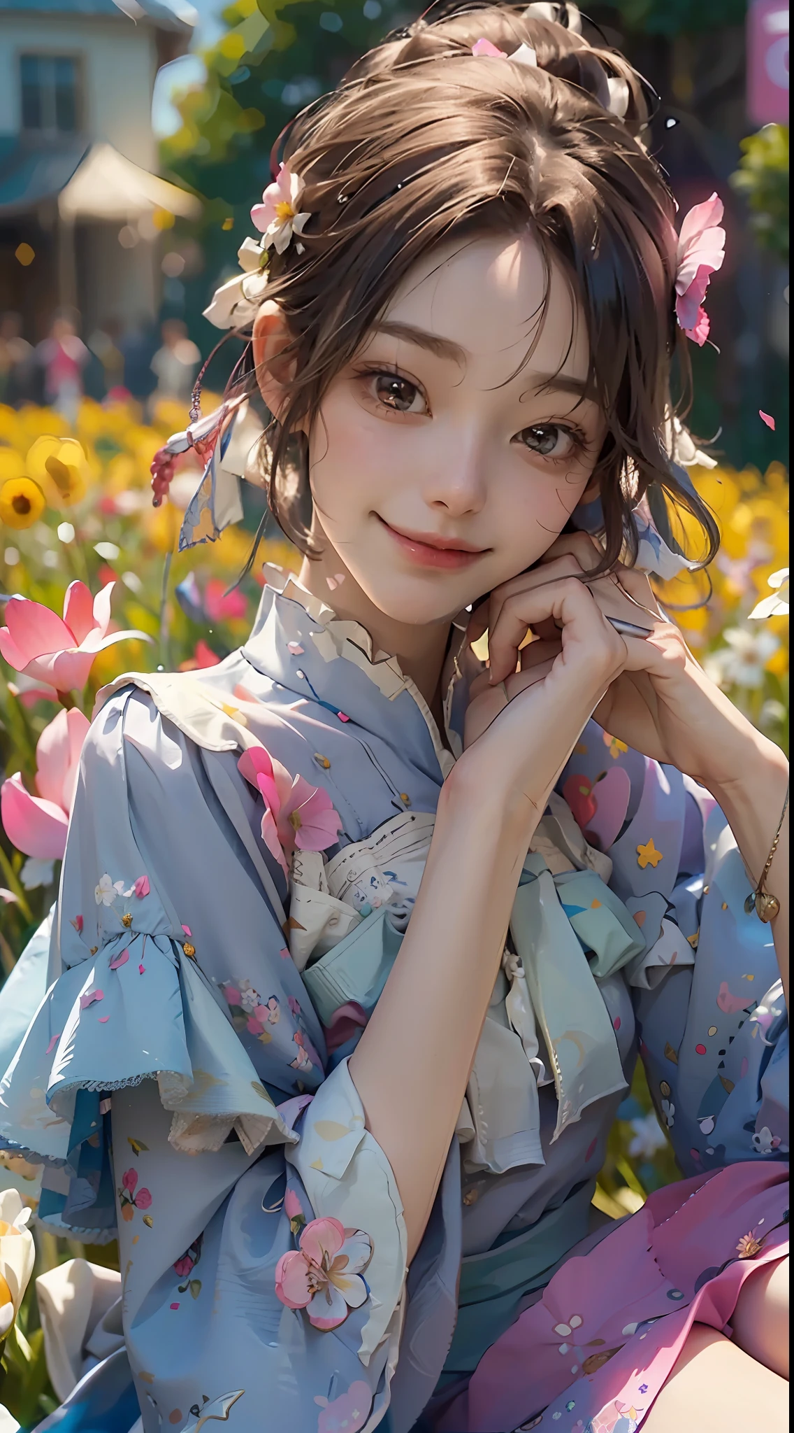 A boy sitting on his father's shoulder with a toy in his hand, colorful petals floating in the sky, meadow, dancing, holding flowers, happy, happy, perfect quality, clear focus (clutter - home: 0.8), (masterpiece: 1.2) (Realistic: 1.2) (Bokeh) (Best quality) (Detailed skin: 1.3) (Intricate details) (8K) (Detail Eyes) (Sharp Focus), (Happy)