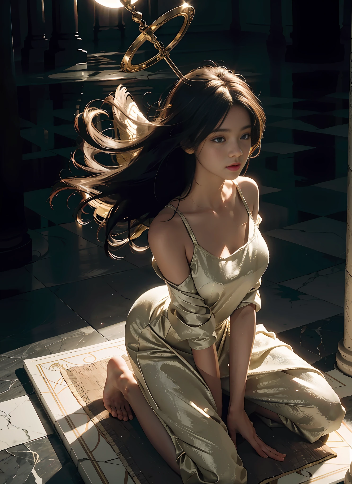 Best image quality, perfect masterpiece, ultra-high resolution, 1.4x realism, cinematic lighting, sense of sacredness, an angelic girl wearing a floor-length dress, with a halo on her head, floating in a Christian paradise, surrounded by marble columns, shining sun, surrounded by holy light, applying the Tyndall effect, praying. At the same time, angels flew in the air, extreme light and shadow, and hair fluttered in the wind.
