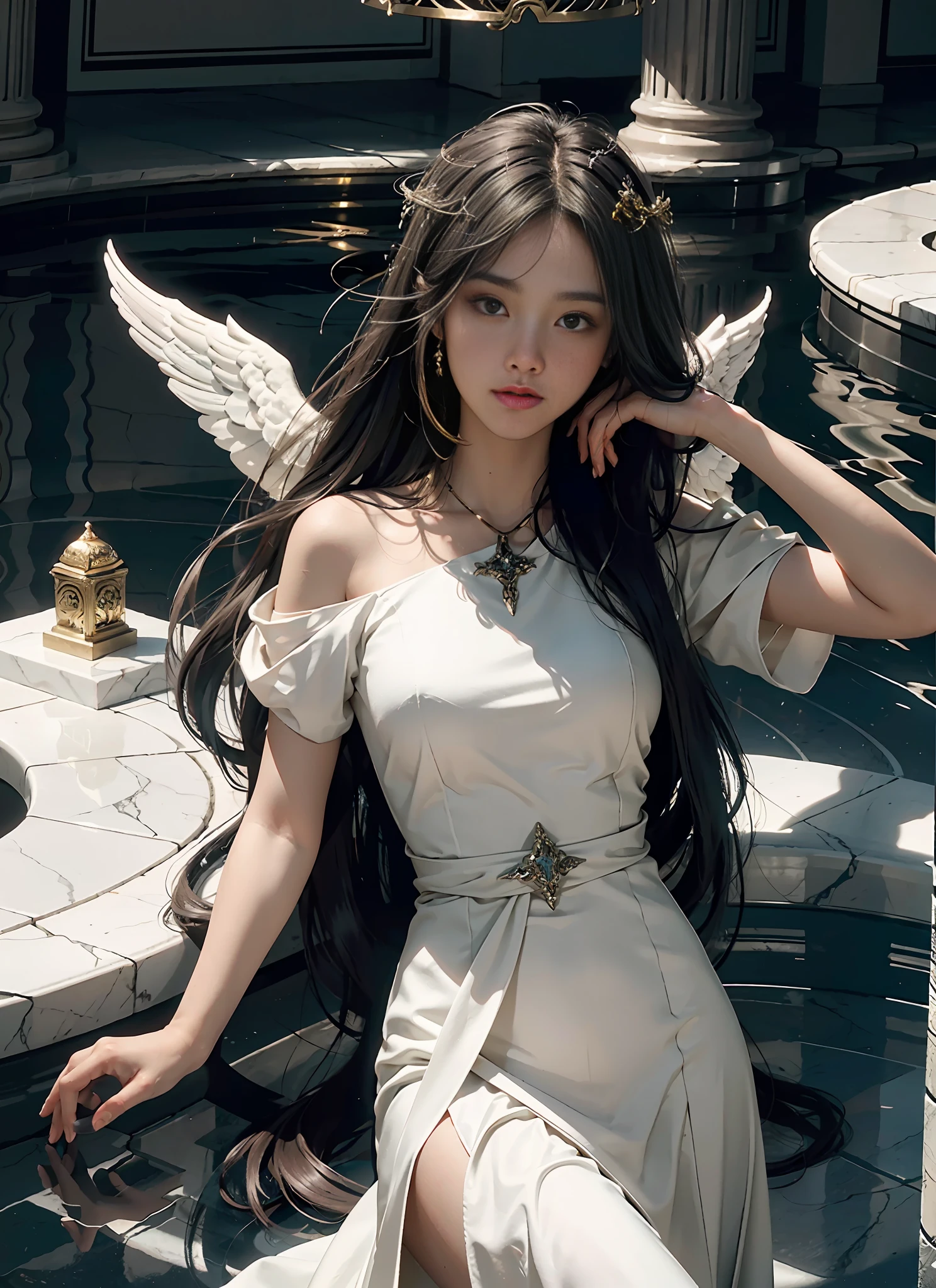 Best image quality, perfect masterpiece, ultra-high resolution, 1.4x realism, cinematic lighting, sense of sacredness, an angelic girl wearing a floor-length dress, with a halo on her head, floating in a Christian paradise, surrounded by marble columns, shining sun, surrounded by holy light, applying the Tyndall effect, praying. At the same time, angels flew in the air, extreme light and shadow, and hair fluttered in the wind.