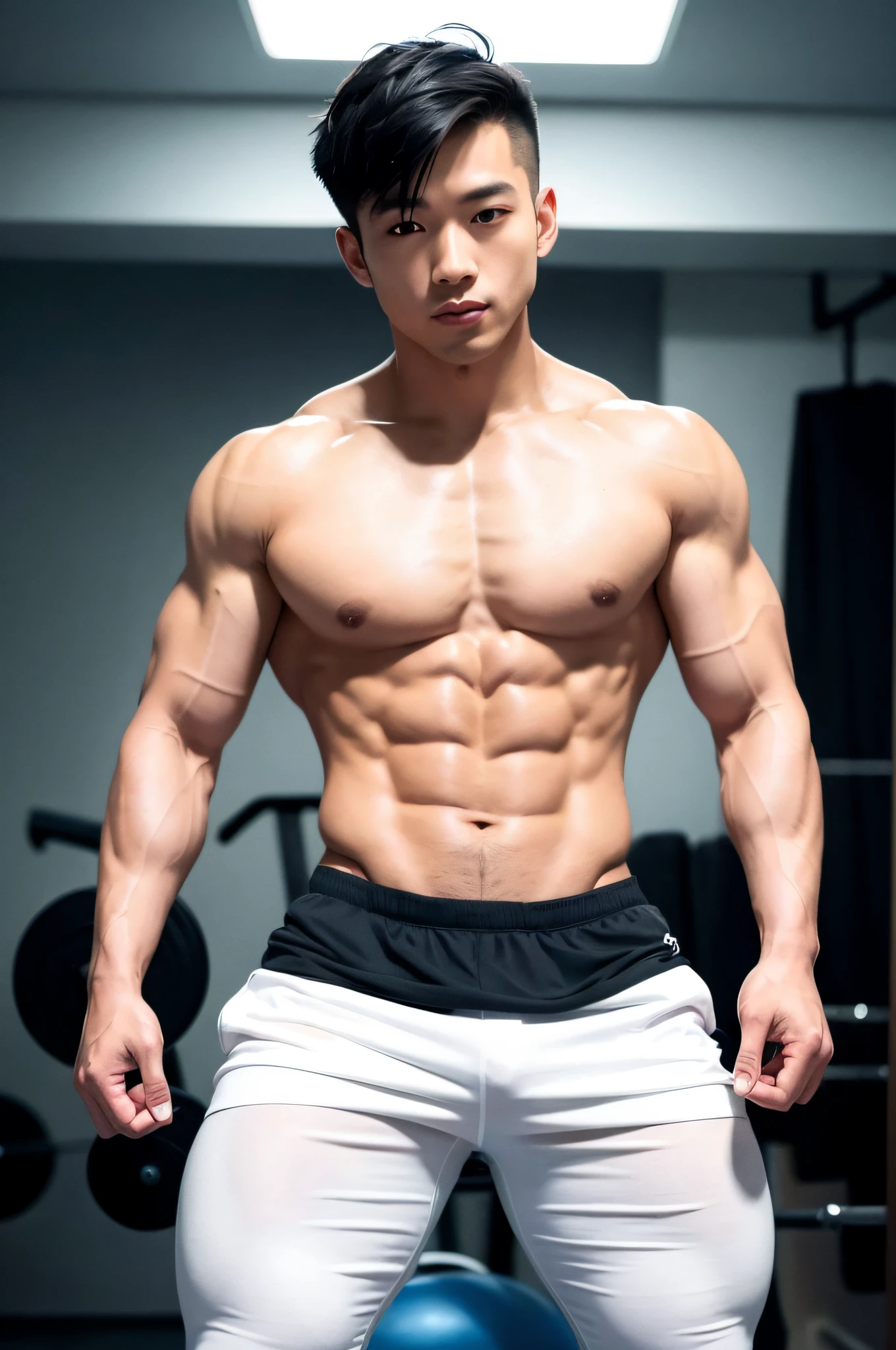 Handsome guy, 25 years old, Asian, master work, best picture quality, higher quality, high detail, super high resolution, 8k resolution, delicate facial features, boy, big muscles, tattoos, glowing eyes, short hair, hair details, [[Look away, look to the side, emphasize homosexuality and pay attention to every detail , gym, white rubber pants, (((( bulge))))) fitness equipment background