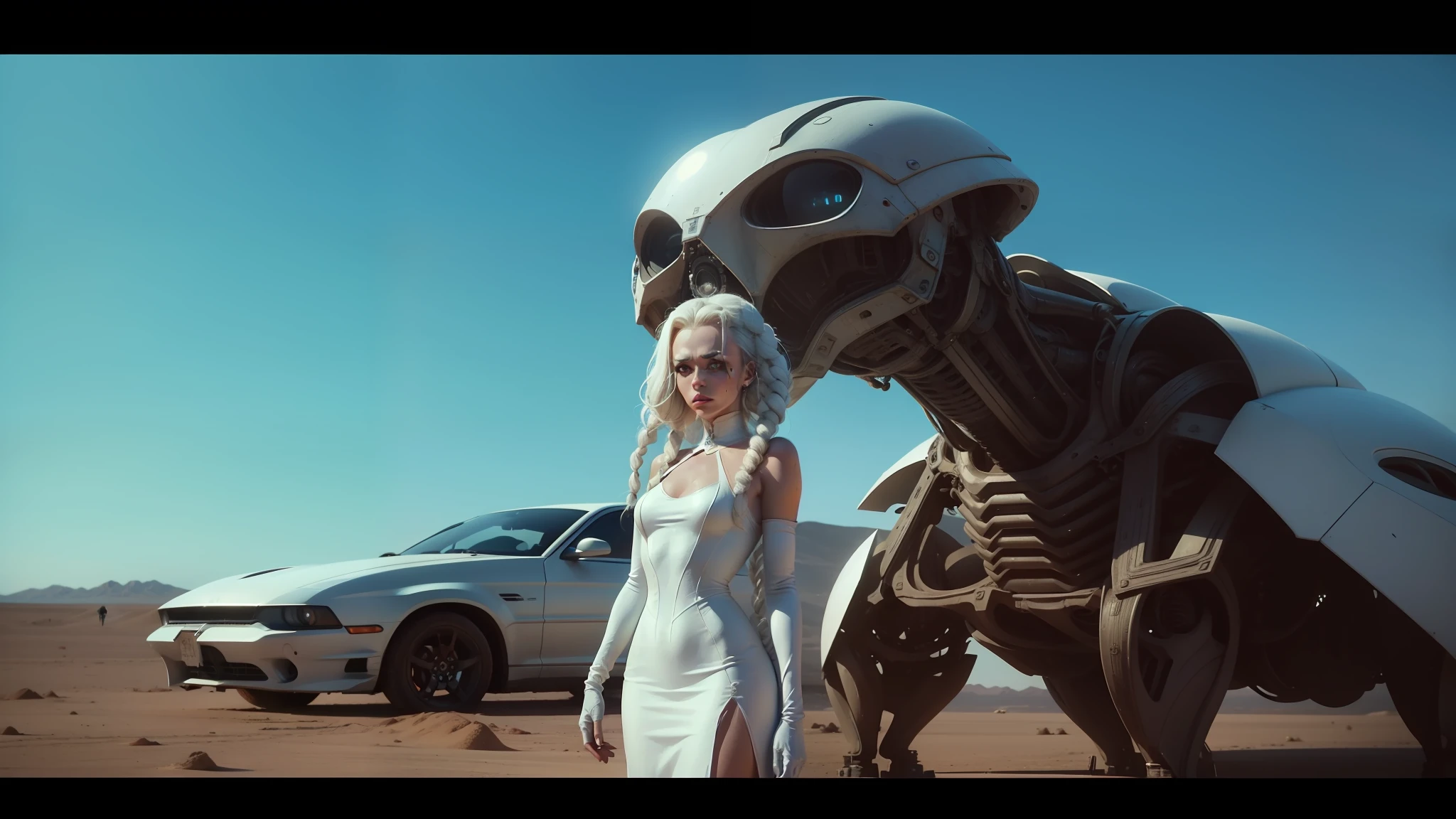 arafed woman in a white dress standing next to a car, movie still of the alien girl, still from a music video, die antwoord music video, still from movie dune, alien man with alien woman, movie still of a alien cyborg, kylie minogue as barbarella, from a 2 0 1 9 sci fi 8 k movie --auto --s2