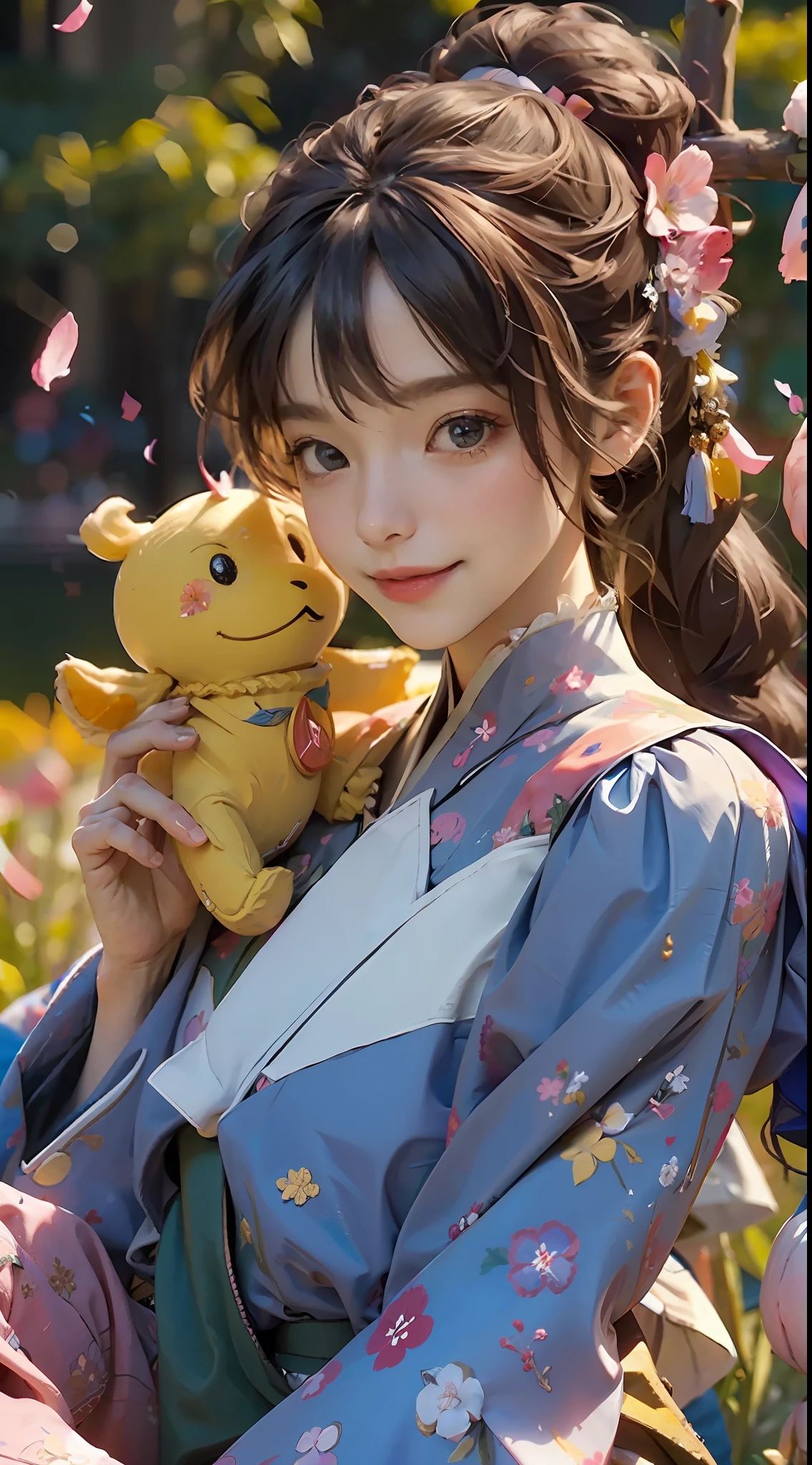 A boy sitting on his father's shoulder with a toy in his hand, colorful petals floating in the sky, meadow, dancing, holding flowers, happy, happy, perfect quality, clear focus (clutter - home: 0.8), (masterpiece: 1.2) (Realistic: 1.2) (Bokeh) (Best quality) (Detailed skin: 1.3) (Intricate details) (8K) (Detail Eyes) (Sharp Focus), (Happy)
