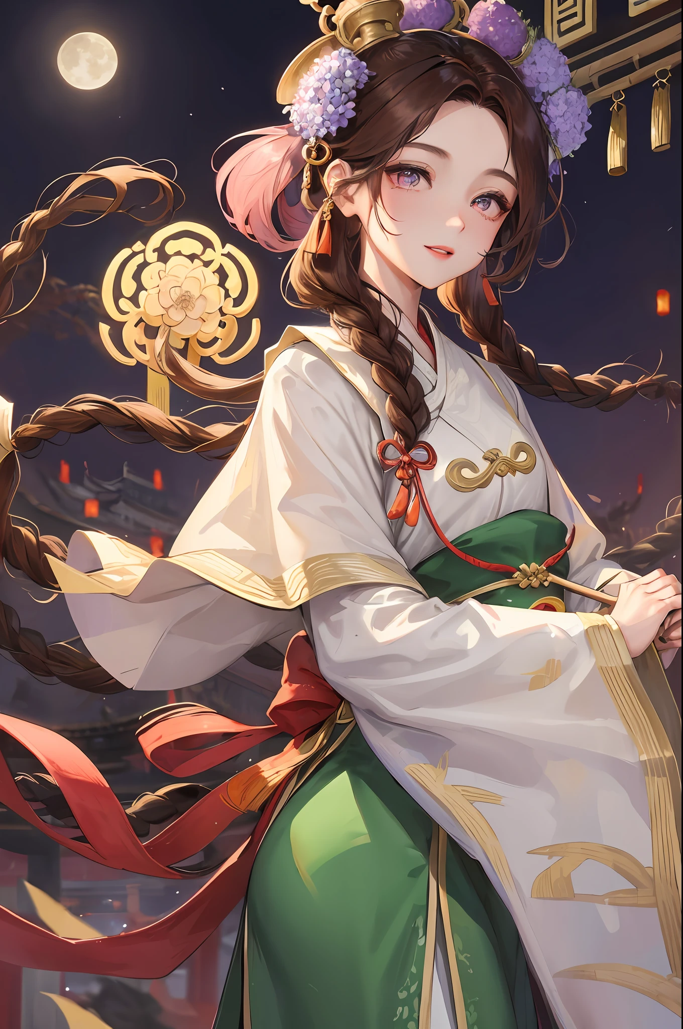 background Jiufen, masterpiece, best quality, night, full moon, one girl ,, chinese style, ancient china, sisters, imperial sister, smile, brown hair, princess cut, fried dough twisted braid, coiled hair, double ball head, pale pink lips, calm, intellectual, middle parting hair, green pupil, hairpin, hydrangea,