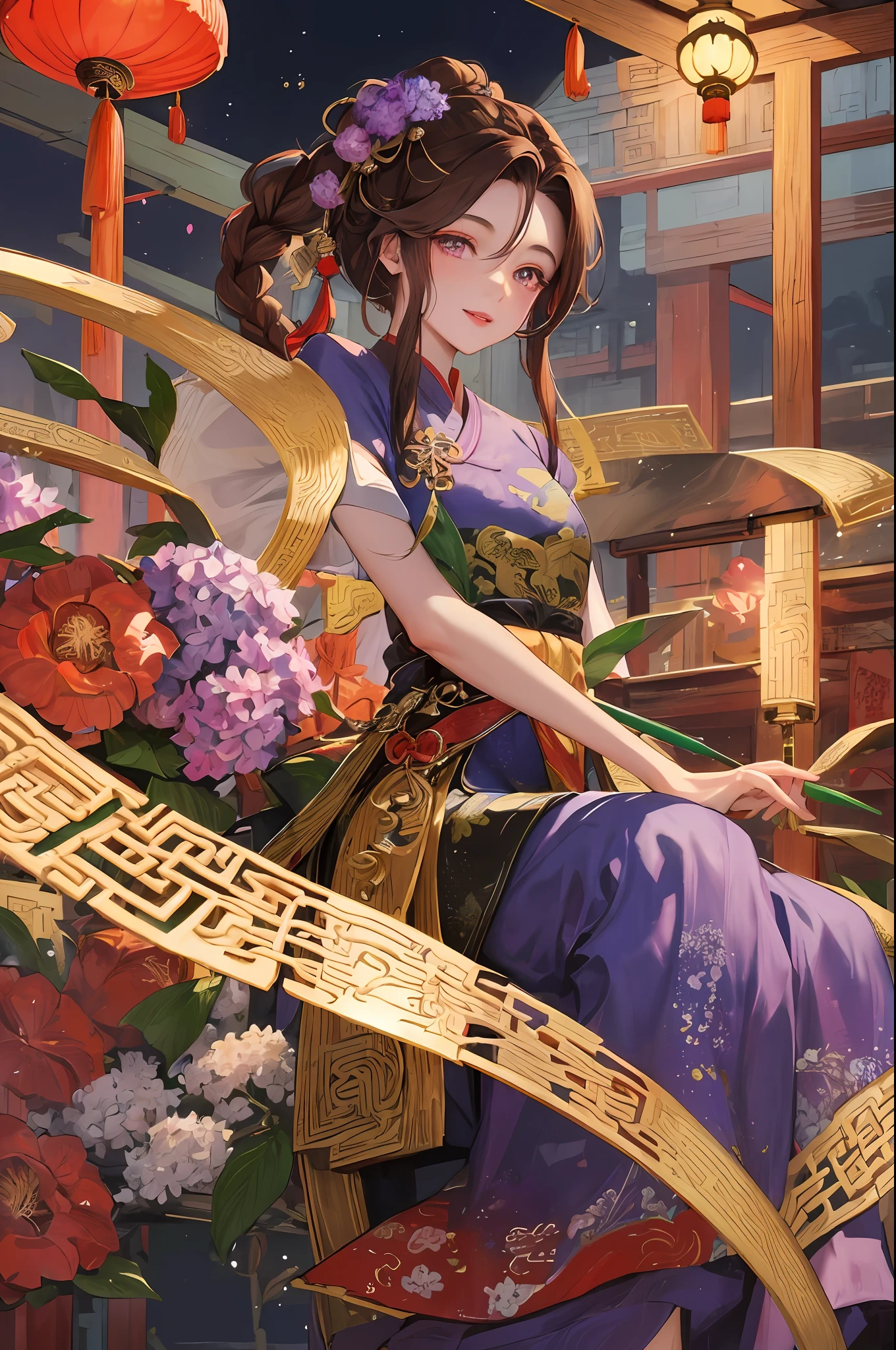 background Jiufen, masterpiece, best quality, night, full moon, one girl ,, chinese style, ancient china, sisters, imperial sister, smile, brown hair, princess cut, fried dough twisted braid, coiled hair, double ball head, pale pink lips, calm, intellectual, middle parting hair, green pupil, hairpin, hydrangea,