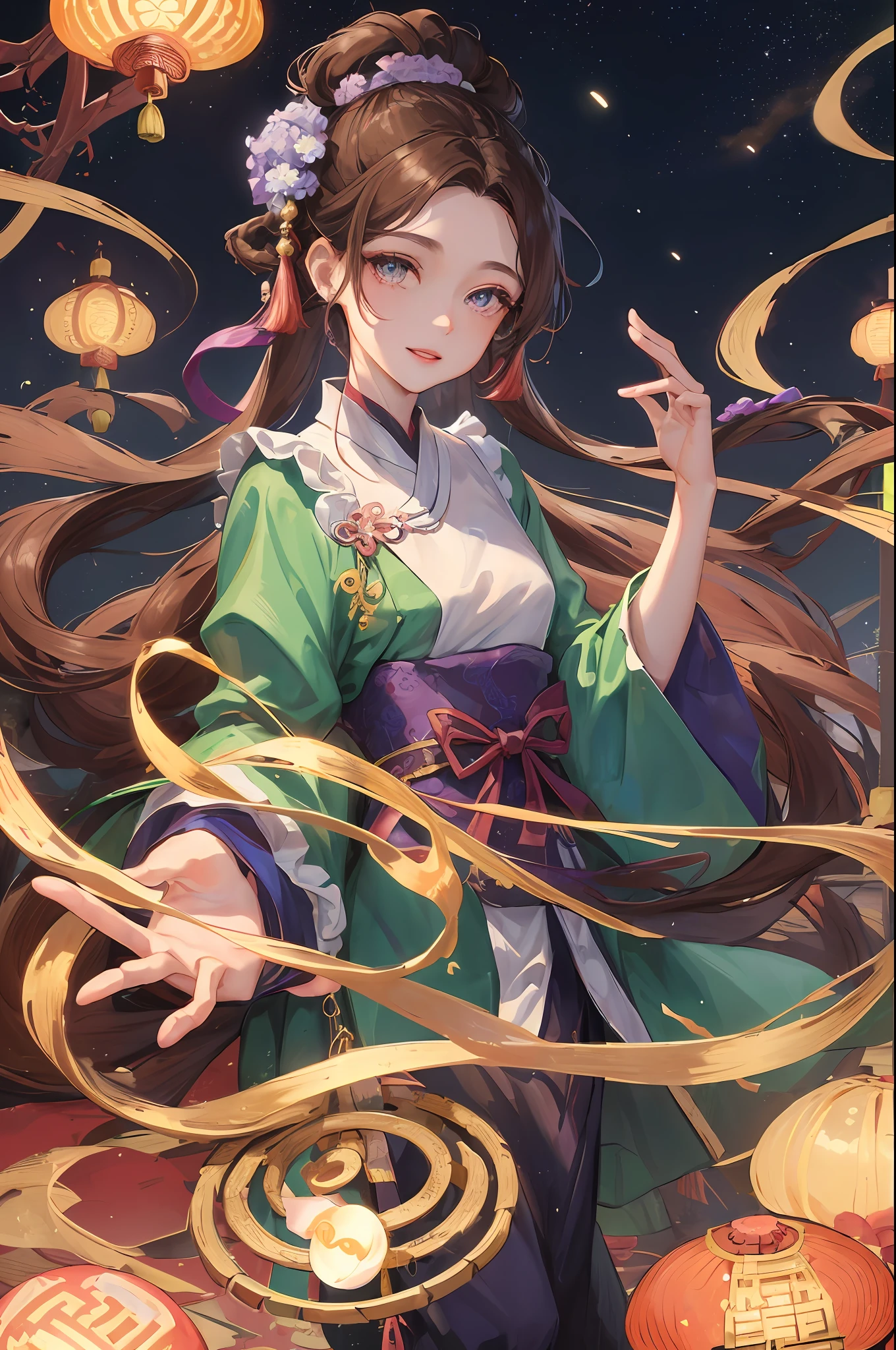 background Jiufen, masterpiece, best quality, night, full moon, one girl ,, chinese style, ancient china, sisters, imperial sister, smile, brown hair, princess cut, fried dough twisted braid, coiled hair, double ball head, pale pink lips, calm, intellectual, middle parting hair, green pupil, hairpin, hydrangea,