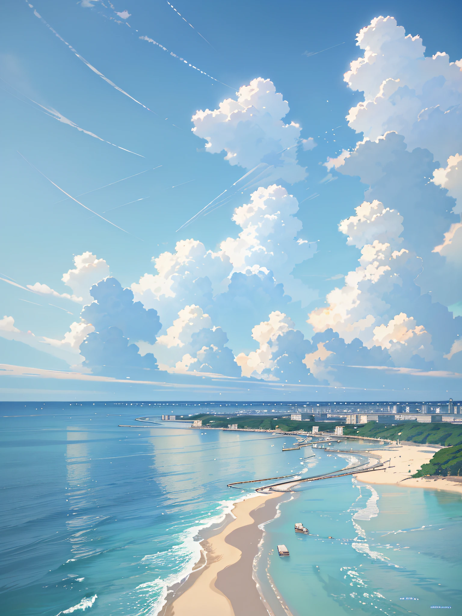 Summer, Makoto Shinkai's concept art, tumblr, magic realism, beautiful anime scenes, beautiful skies. by makoto shinkai, ( ( makoto shinkai ) ), anime background art, anime backgrounds, Makoto Shinkai's style, anime movie backgrounds, galaxy express, no humans. --v6
