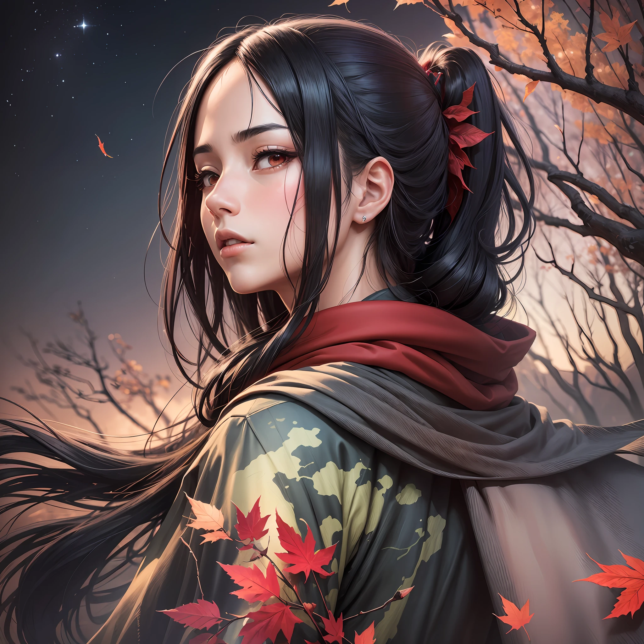 I want a high-definition artwork that depicts Itachi Uchiha's detailed face on top of a tree, seen from below. Your black hair should be in the wind and your eyes should be scarlet in color. In the background, a beautiful lake should reflect the scarlet moon. The starry sky should be seen among the leaves of the tree. This work should be thoughtful and a true masterpiece, ideal to be used as a wallpaper --auto --s2