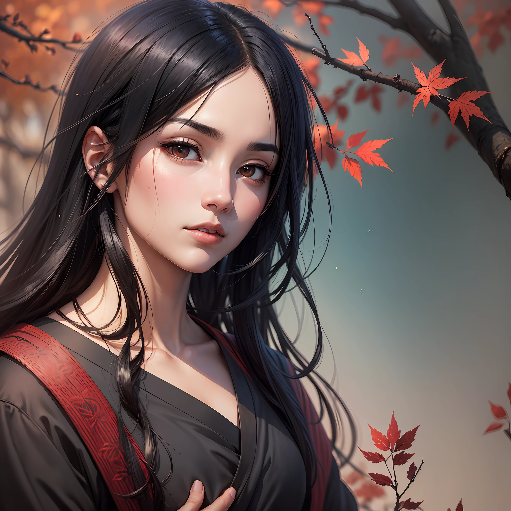 I want a high-definition artwork that depicts Itachi Uchiha's detailed face on top of a tree, seen from below. Your black hair should be in the wind and your eyes should be scarlet in color. In the background, a beautiful lake should reflect the scarlet moon. The starry sky should be seen among the leaves of the tree. This work should be thoughtful and a true masterpiece, ideal to be used as a wallpaper --auto --s2