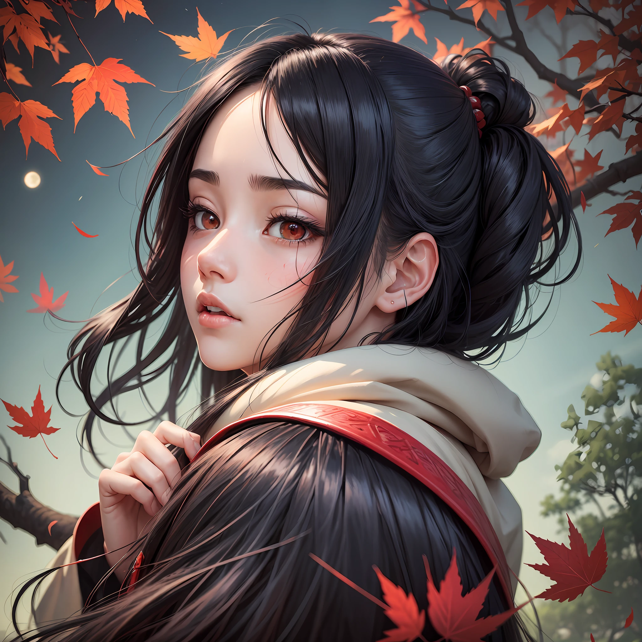 I want a high-definition artwork that depicts Itachi Uchiha's detailed face on top of a tree, seen from below. Your black hair should be in the wind and your eyes should be scarlet in color. In the background, a beautiful lake should reflect the scarlet moon. The starry sky should be seen among the leaves of the tree. This work should be thoughtful and a true masterpiece, ideal to be used as a wallpaper --auto --s2