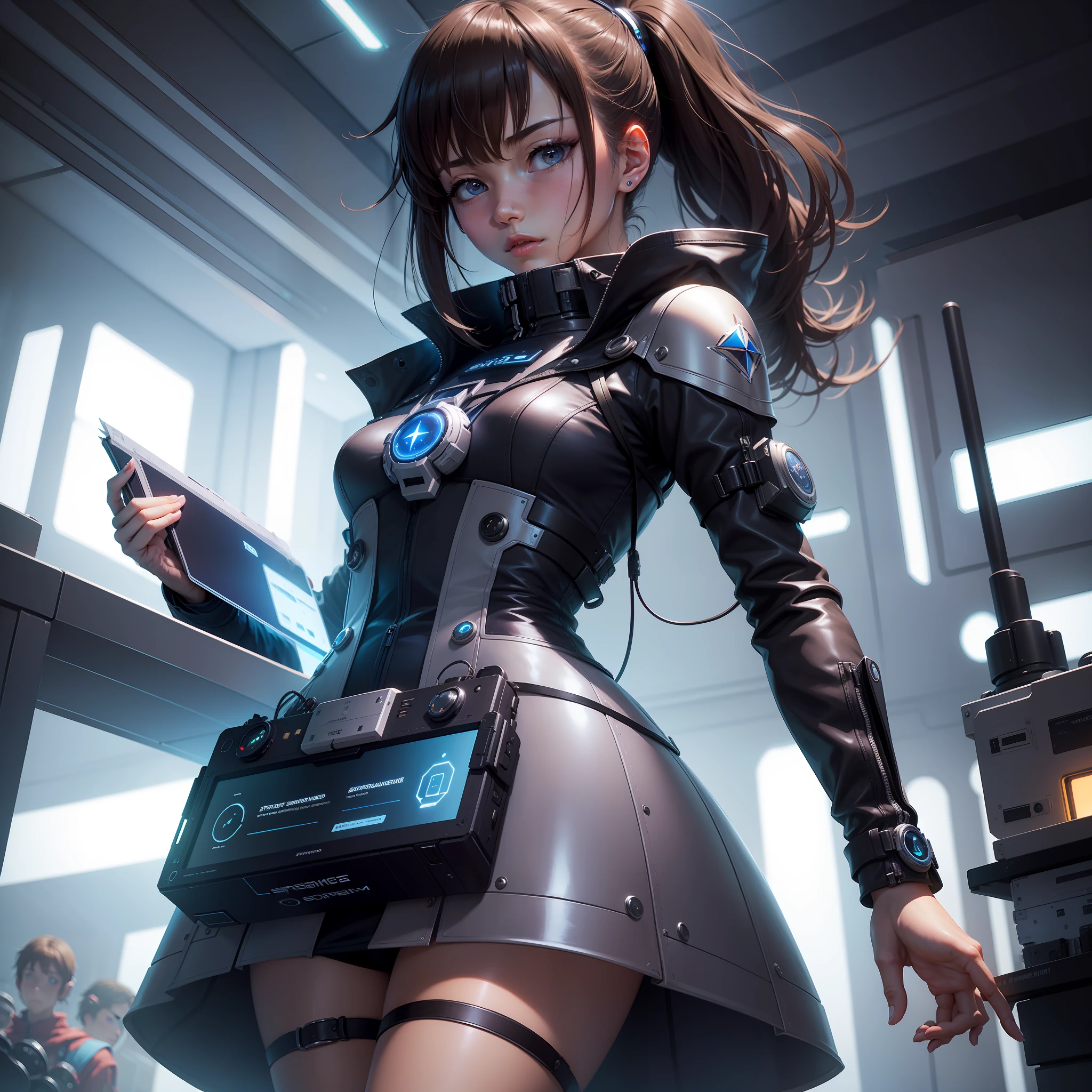 A girl holding a futuristic manual labeled "Superstar System", surrounded by various electronic devices and high-tech instruments, full of futuristic elements, by Makoto Shinkai --auto --s2