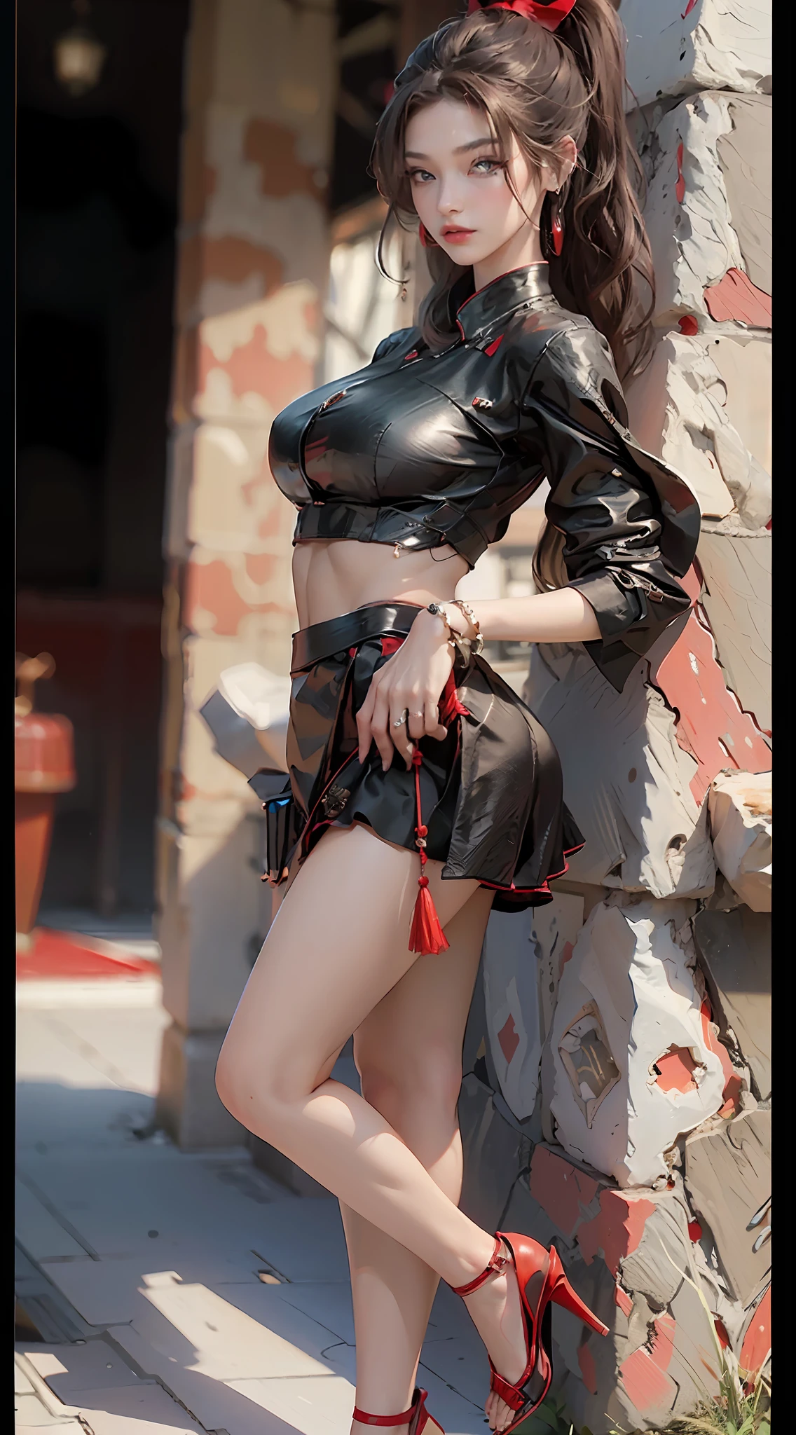 (Masterpiece, 4k resolution, super realistic, very detailed), (wearing black jk short skirt, black and red Jordan 1 high heels), she is a supermodel), [((18 years old), full body, (blue eyes: 1.5), big breasts, perfect body, super detailed face, detailed lips, fine eyes, double eyelids, beautiful asian girl, gorgeous asian model, jaw-dropping beauty.
