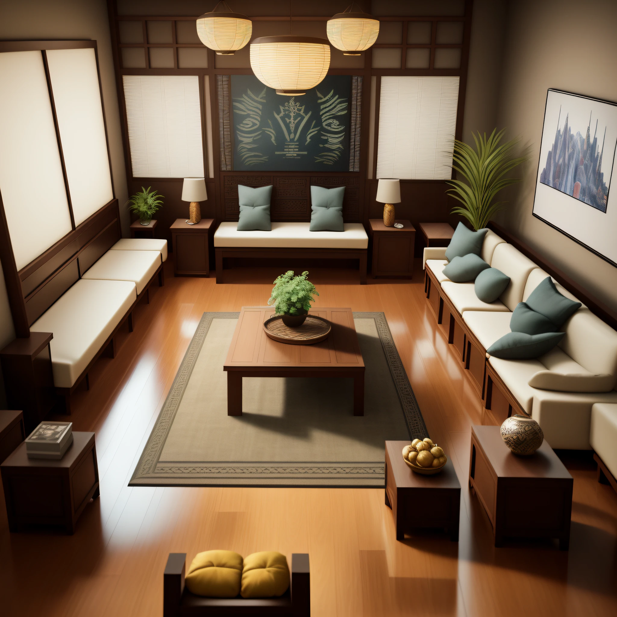 Gallery design floor plan, Southeast Asian style, multi-angle display, 3d rendering, comfortable interior lighting, super detail, movies, furniture in the evening, 8K