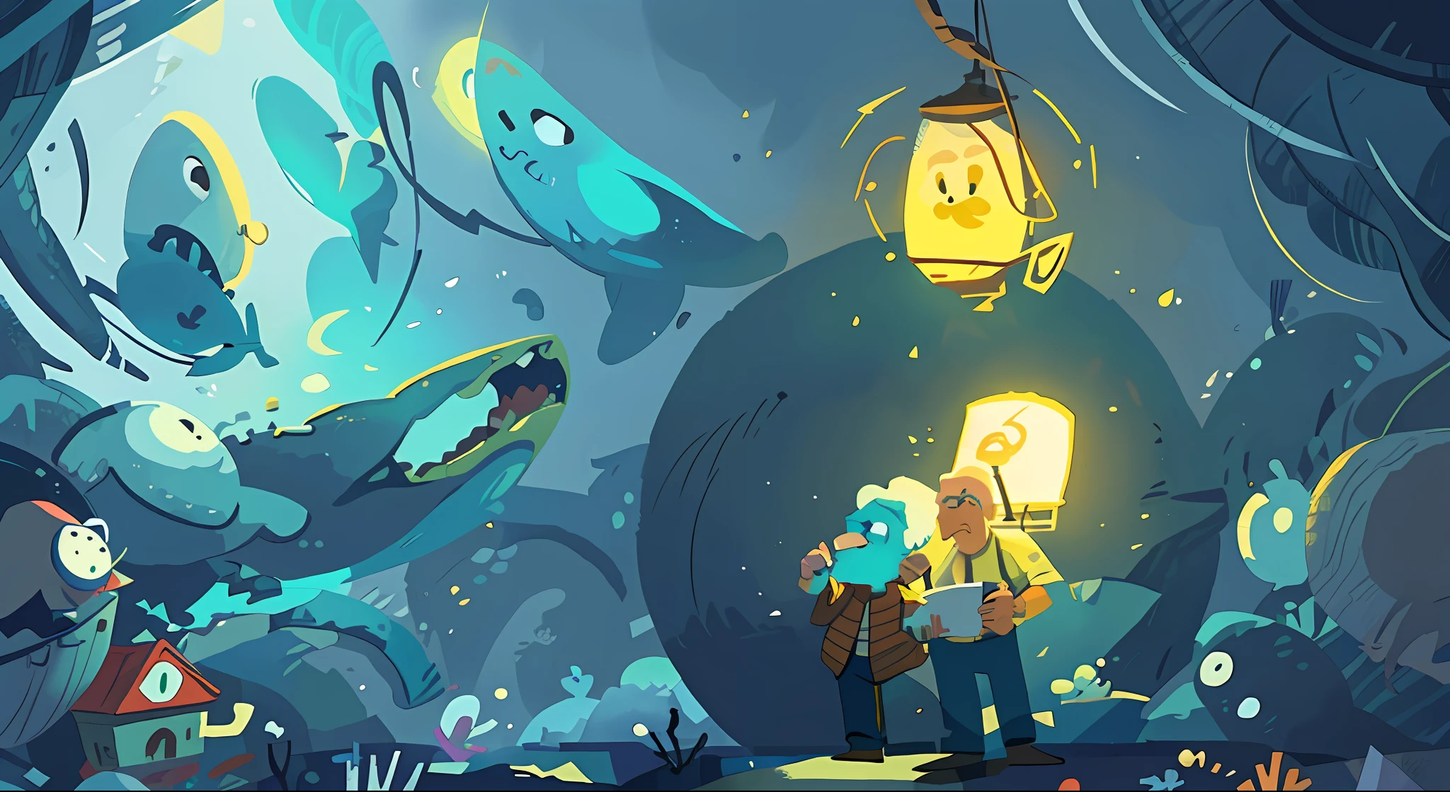 A man and an old man stand together with a lamp in their hands, facing huge deep-sea creatures, cartoon drawings, stylized lines, full-page illustrations, keyframe illustrations, inspired by Mobius, dreams, dreamy colors,