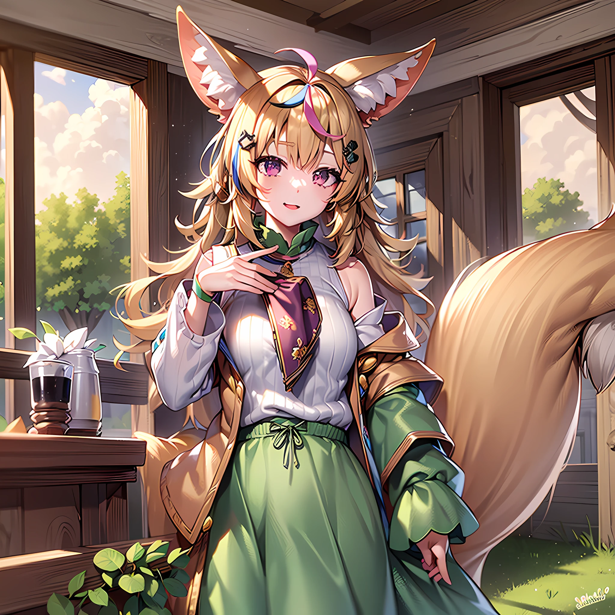 Highly detailed, very detailed 8K wallpapers, very detailed CG Unity 8K wallpapers, masterpiece, best quality, ultra detailed, (NSFW: 1.1), op1, animal ears, fox tail, streaked hair, brown jacket, white shirt, long sleeves, long skirt, jewelry, green skirt