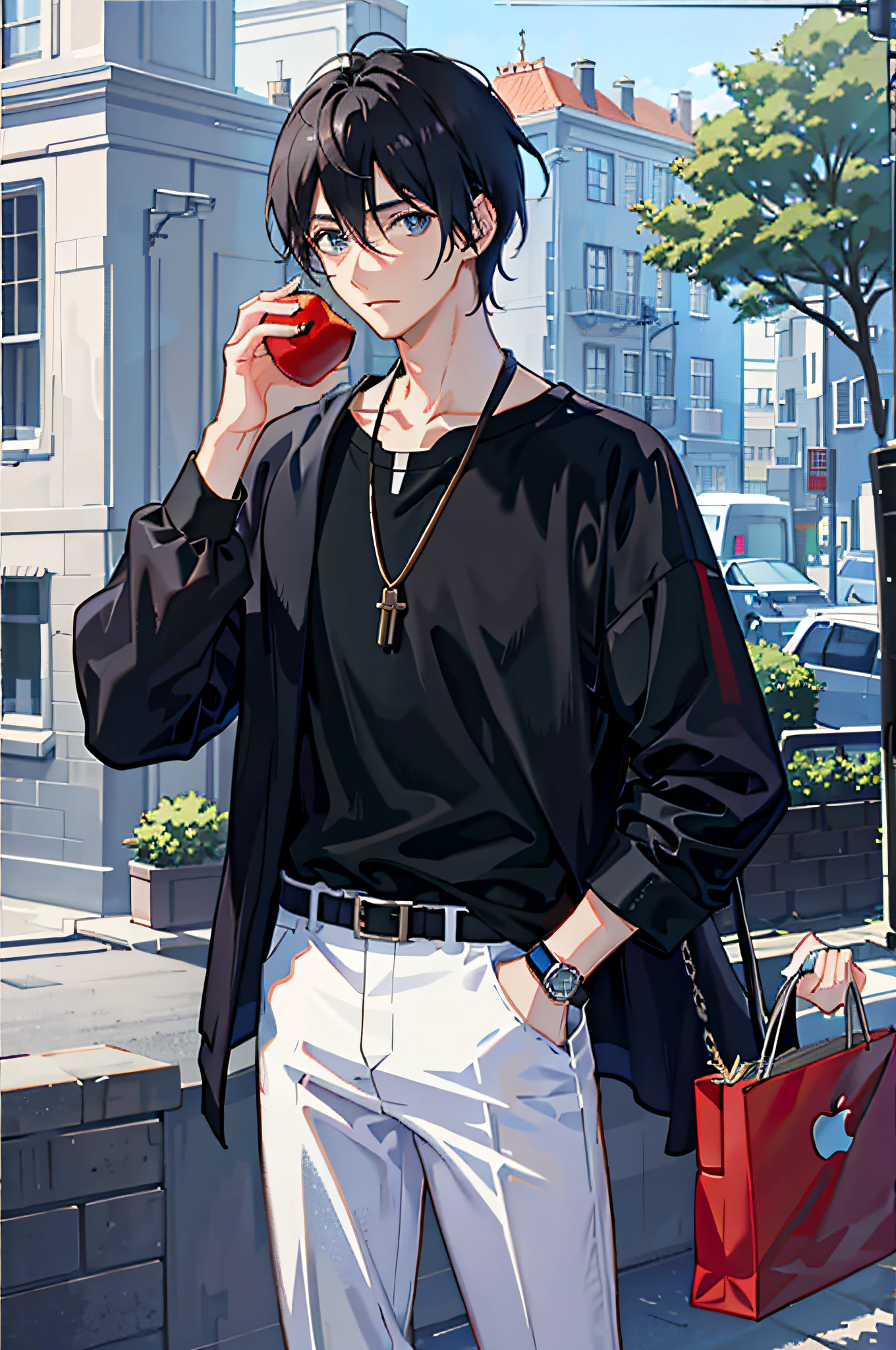 1boy, apple, bag, bangs, berry, black hair, black shirt, blue eyes, hair between eyes, jewelry, leaf, looking at viewer, male focus, necklace, pants, shirt, solo, watch, white pants, wristwatch, messy hair, trending on artstation, 8k resolution, highly detailed, anatomically correct, sharp image, digital painting, concept art, trending on pixiv, style of makoto shinkai,