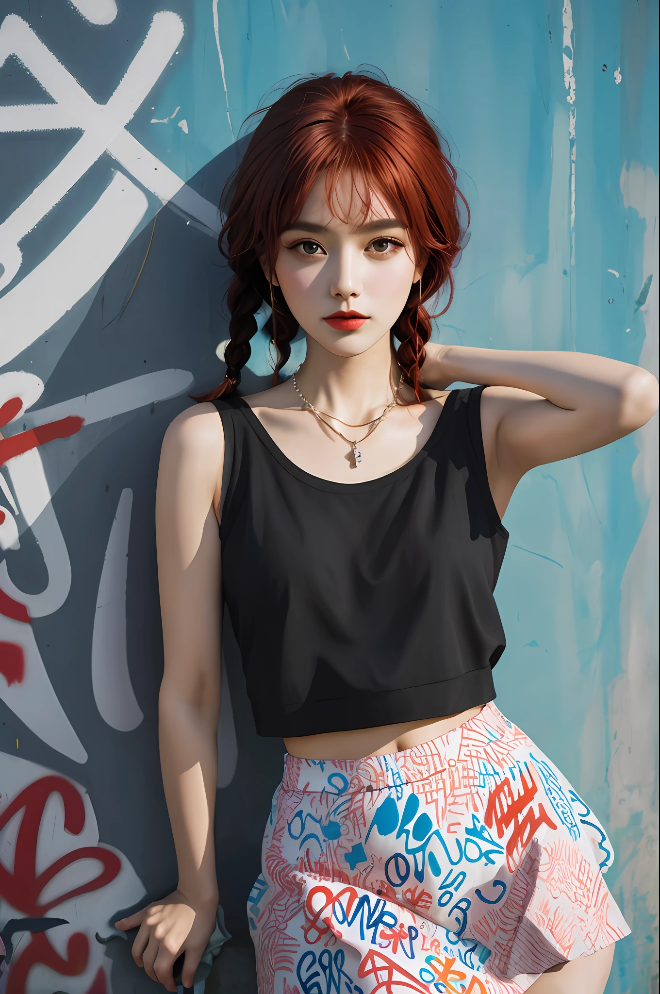Masterpiece, best quality, 2boby, solo, stylish crop top with vibrant red hair, elegant braids, soft bangs, alluring necklace, (graffiti: 1.5), artistic paint splash, seductive arms behind, leaning against a wall, looking at the audience, fashion armbands, urban hip-hop style, sexy skirt, playful head tilt, intense expression, warm orange, dynamic asymmetrical design, bold geometric shapes, creative street art