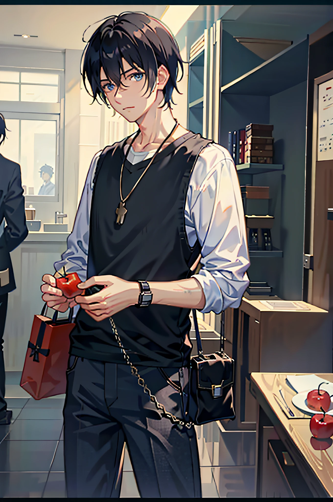 1boy, apple, bag, bangs, berry, black hair, black shirt, blue eyes, hair between eyes, jewelry, leaf, looking at viewer, male focus, necklace, pants, shirt, solo, watch, white pants, wristwatch, messy hair, trending on artstation, 8k resolution, highly detailed, anatomically correct, sharp image, digital painting, concept art, trending on pixiv, style of makoto shinkai,