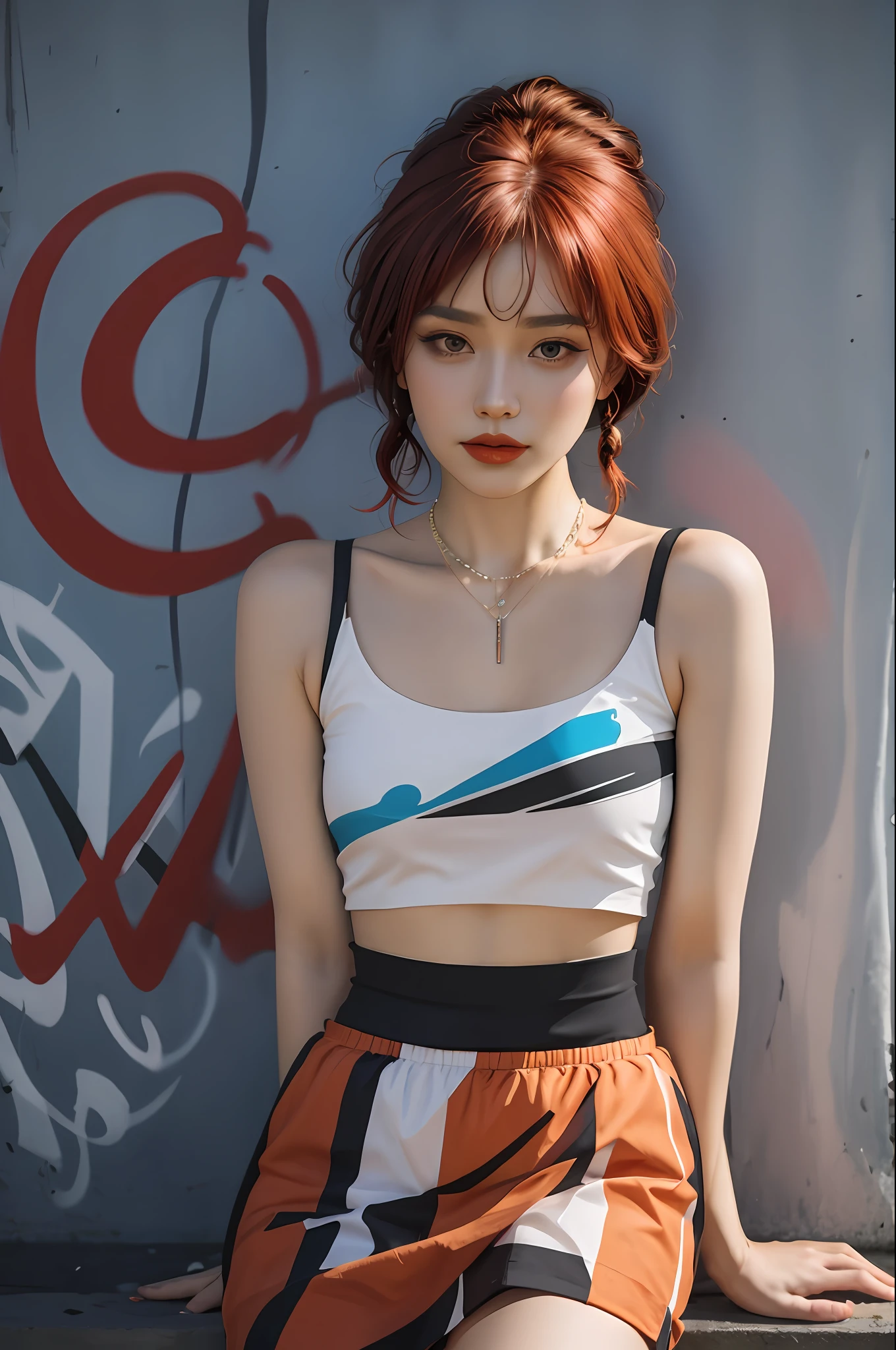 Masterpiece, best quality, 2boby, solo, stylish crop top with vibrant red hair, elegant braids, soft bangs, alluring necklace, (graffiti: 1.5), artistic paint splash, seductive arms behind, leaning against a wall, looking at the audience, fashion armbands, urban hip-hop style, sexy skirt, playful head tilt, intense expression, warm orange, dynamic asymmetrical design, bold geometric shapes, creative street art