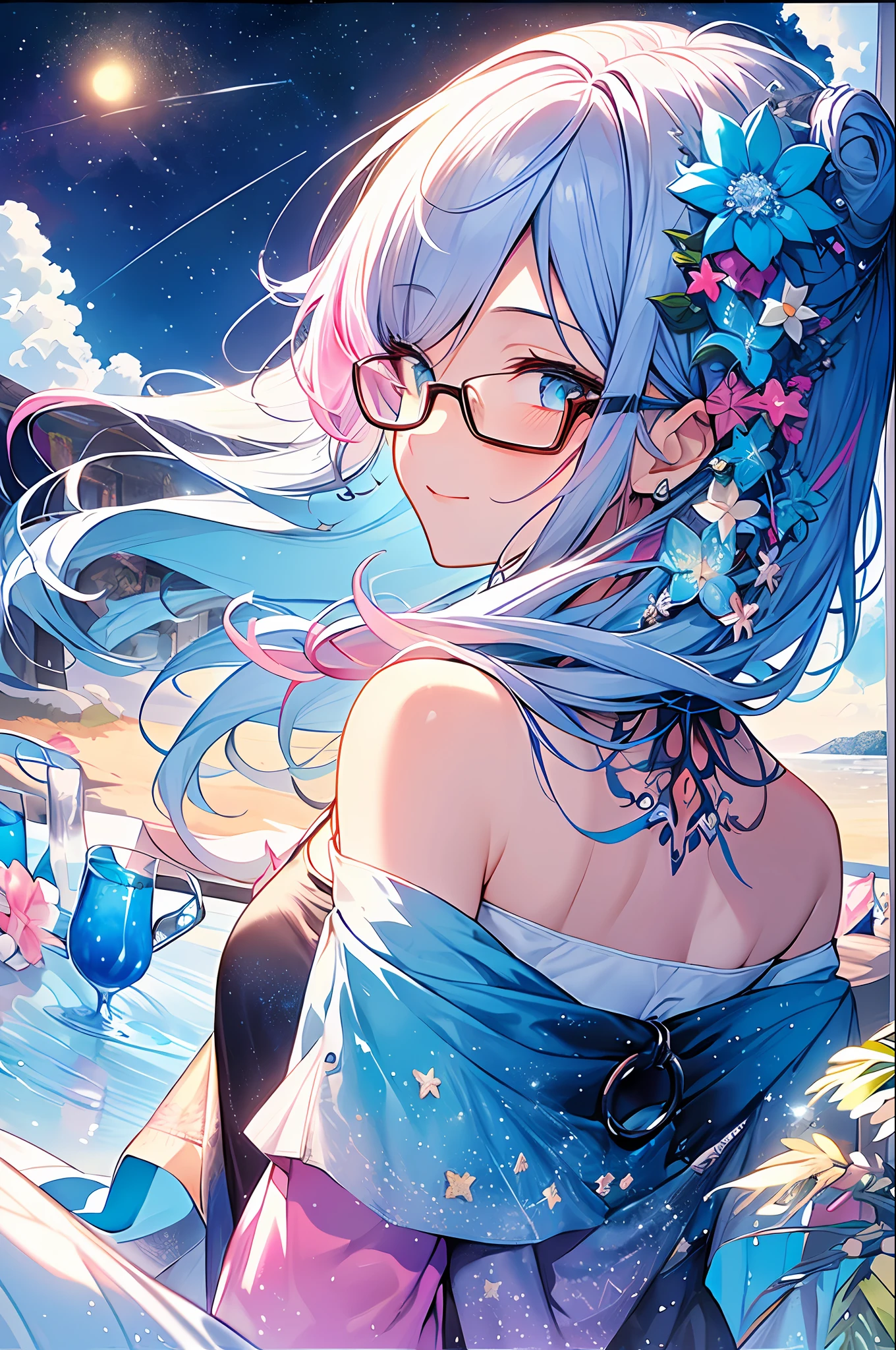 (Masterpiece, Top Quality, Best Quality, Watercolor (Medium), Official Art, Beautiful and Aesthetic: 1.2), (1 Girl: 1.3), (Fractal Art: 1.3), Upper Body, From the Side, Look at the Viewer, Pattern, (iridescent hair, Colorful hair, Half Blue and Half Pink Hair: 1.2), Water, Liquid, Clouds, Colorful, Starry Sky, Stars, Smile, Glasses, Close-up, Heterochromia, (Colorful: 1.5), Back, Back, Tattoos, back tattoos, off-shoulder