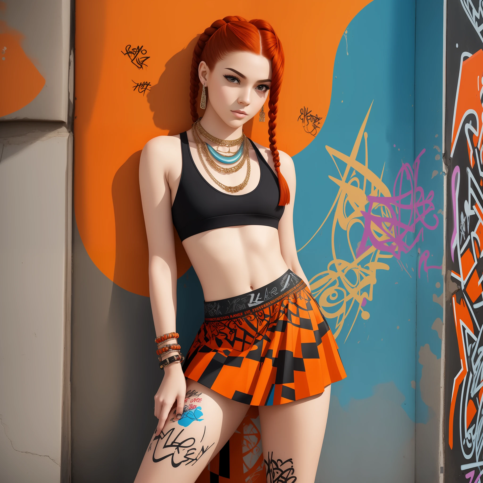 Masterpiece, best quality, 1girl, solo, stylish crop top with vibrant red hair, elegant braids, soft bangs, alluring necklace, (graffiti: 1.2), artistic paint splash, seductive arms behind, leaning against a wall, looking at the audience, fashion armbands, urban hip-hop style, elegant skirt, playful head tilt, intense expression, warm orange, dynamic asymmetrical design, bold geometric shapes, creative street art --auto --s2