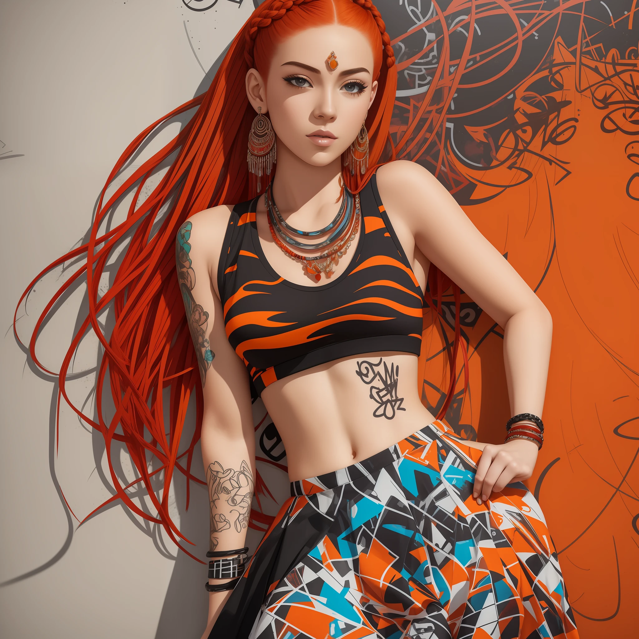 Masterpiece, best quality, 1girl, solo, stylish crop top with vibrant red hair, elegant braids, soft bangs, alluring necklace, (graffiti: 1.2), artistic paint splash, seductive arms behind, leaning against a wall, looking at the audience, fashion armbands, urban hip-hop style, elegant skirt, playful head tilt, intense expression, warm orange, dynamic asymmetrical design, bold geometric shapes, creative street art --auto --s2