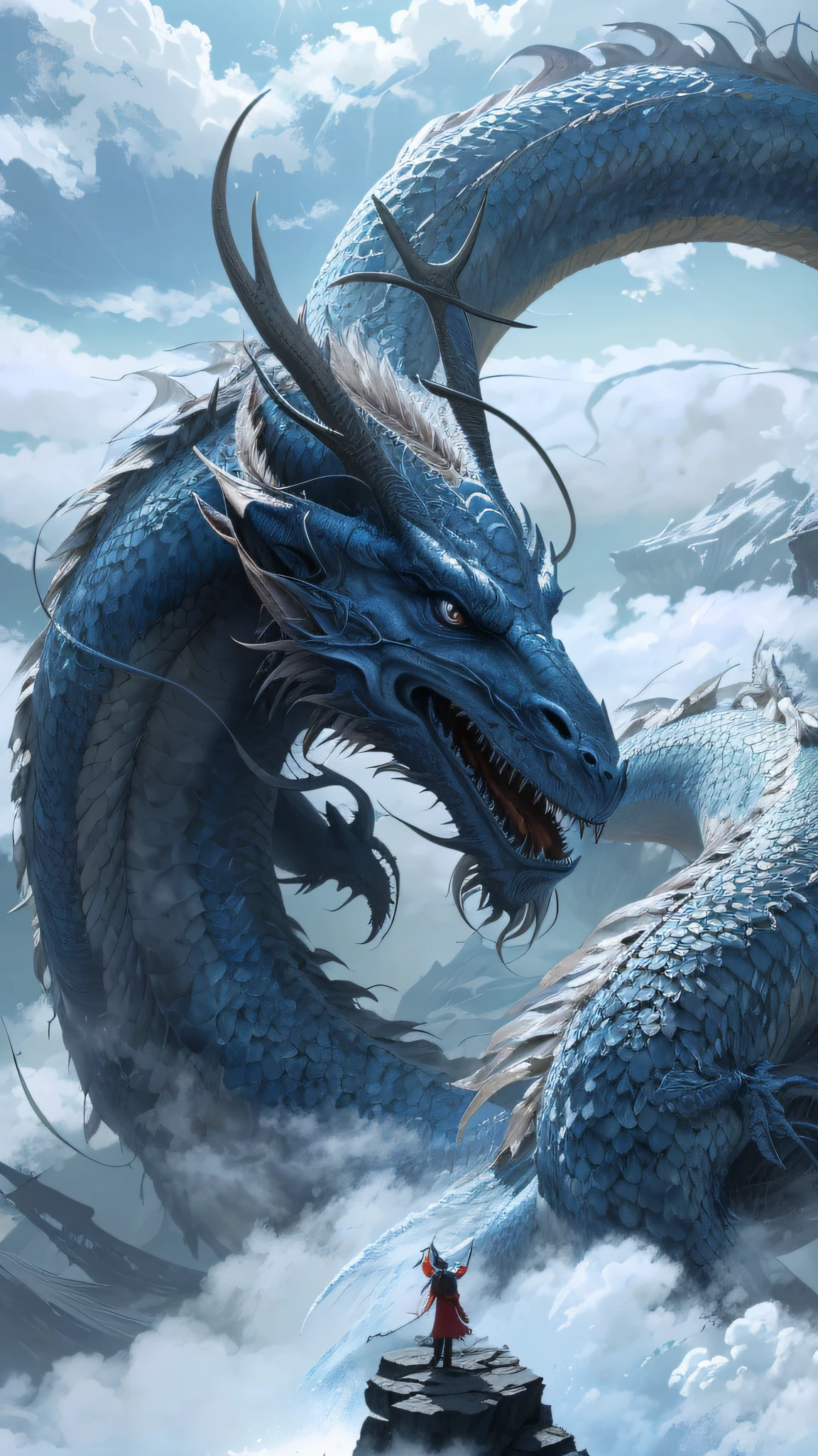 there is a dragon that is flying over a boat in the sky, cyan chinese dragon fantasy, frost dragon, blue dragon, highly detailed fantasy art, colossal dragon as background, blue scaled dragon, hyperrealistic d & d fantasy art, chinese dragon concept art, dragon art, oil painting of dragon, detailed fantasy art, chinese dragons fighting, epic dragon, by Arthur Pan