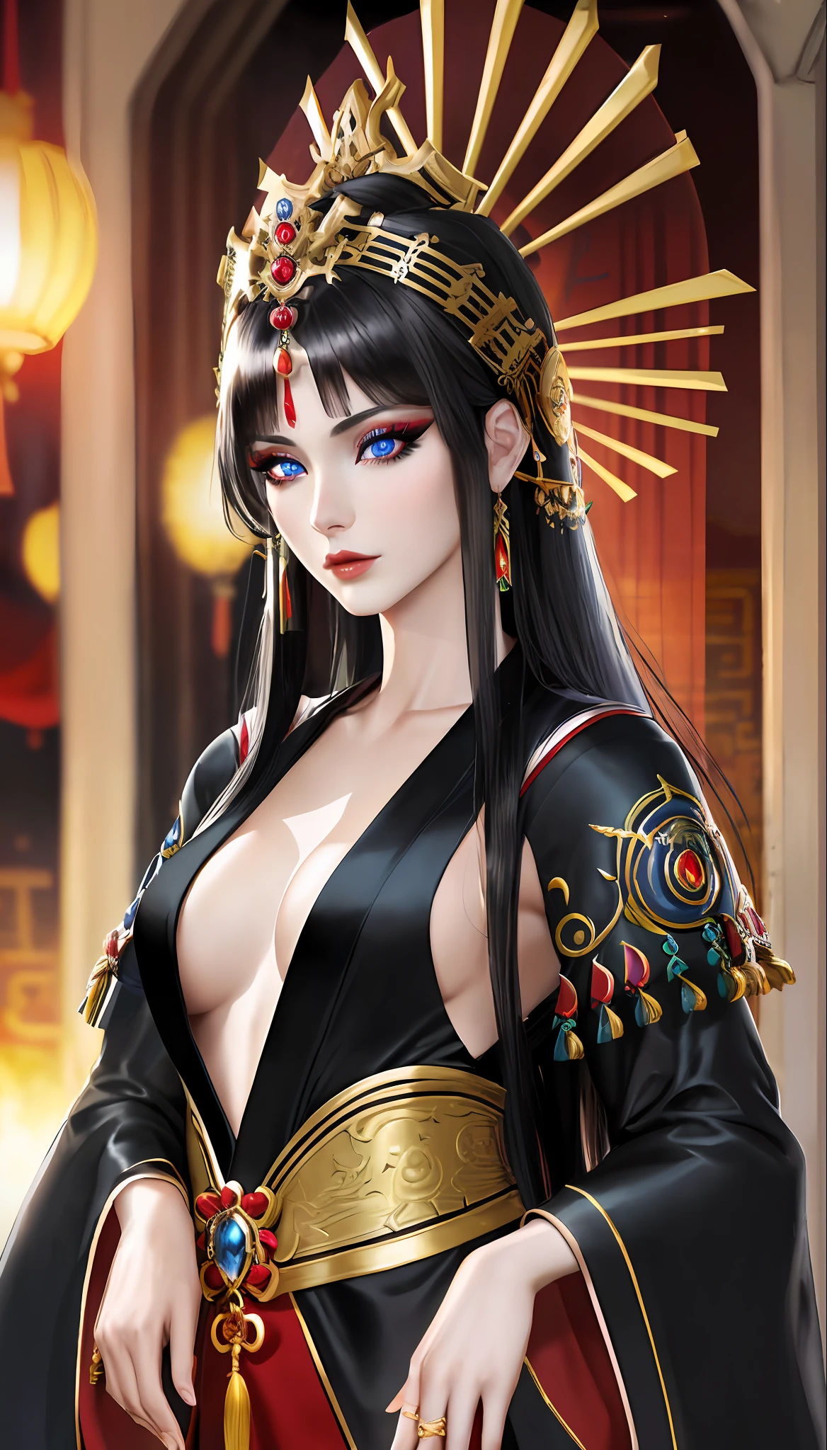 The Dragon Empress (1 woman, long black hair, blue eyes, white skin, small breasts, makeup, lots of gloss, dark eyelash, dark eye shadow, perfect nose), old Korea, priestly temples, shoulders showing dress, long earring, masterpiece, best quality, 8k, sharp focus, depth of field, best shadows, perfect lights, HDR, realistic skin texture, hyper detailed background, photorealistic, RAW photo, shiny body, insanely detailed