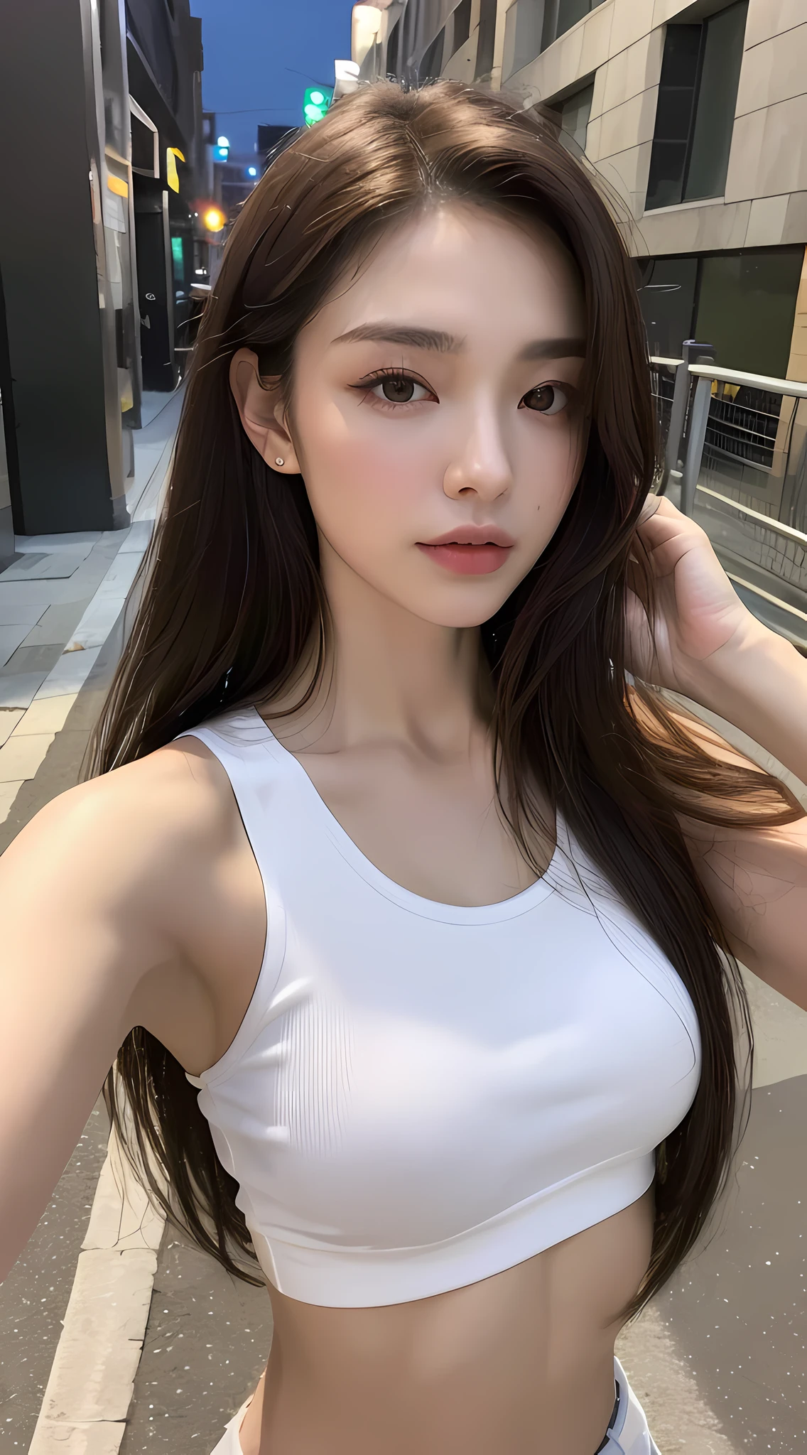 ((Realistic lighting, Best quality, 8K, Masterpiece: 1.3)), Clear focus: 1.2, 1girl, Perfect Figure: 1.4, Slim Abs: 1.1, ((Dark brown hair)), (White crop top: 1.4), (Outdoor, Night: 1.1), City streets, Super fine face, Fine eyes, Double eyelids,