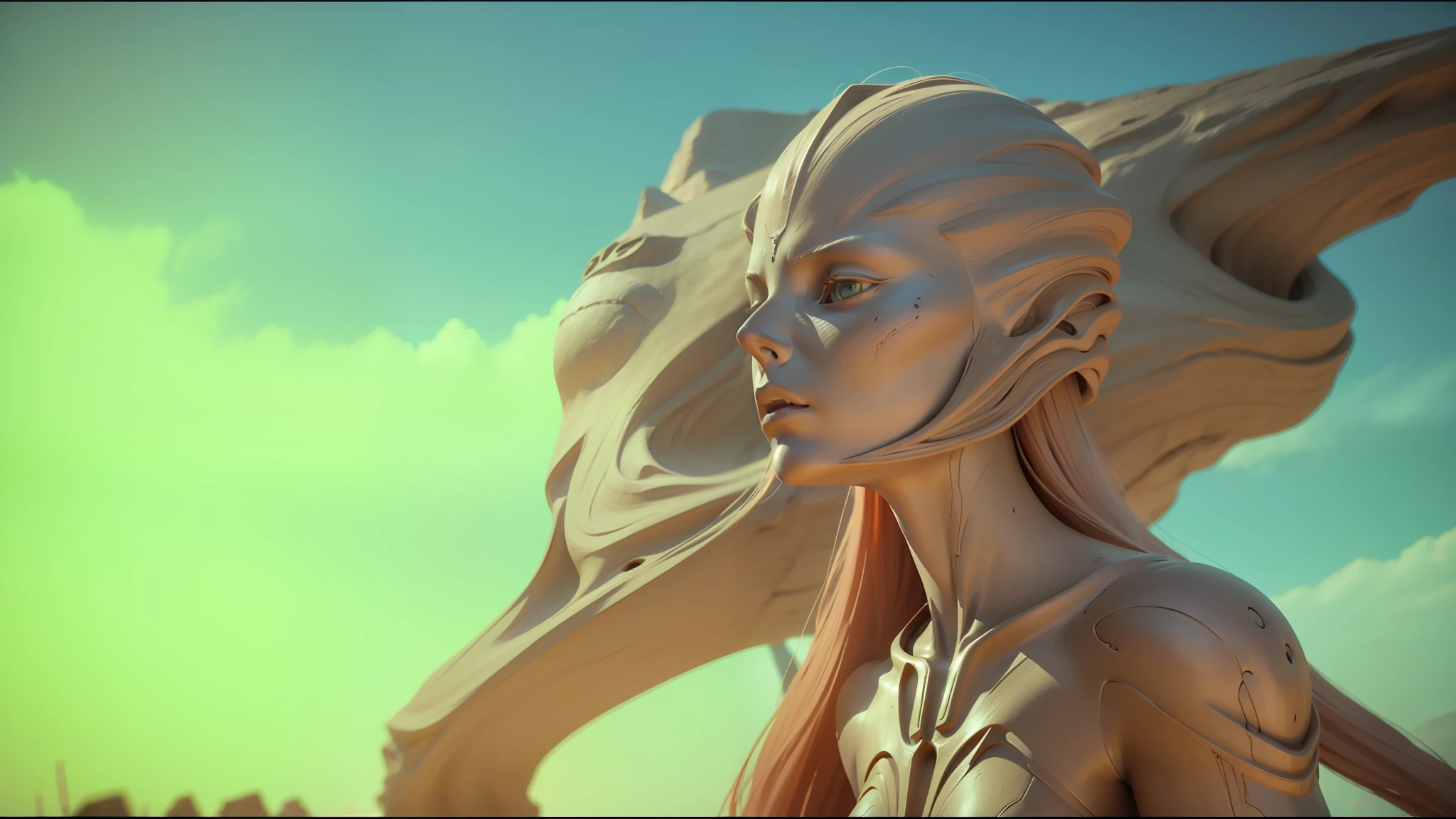 there is a statue of a alien with a long hair, movie still of the alien girl, still from movie dune, highly detailed surreal vfx, cinematic unreal engine, depicted as a scifi scene, cinematic smooth unreal engine, cinematic unreal engine 5, cinematic still in adam | unity, movie still of a alien cyborg --auto --s2