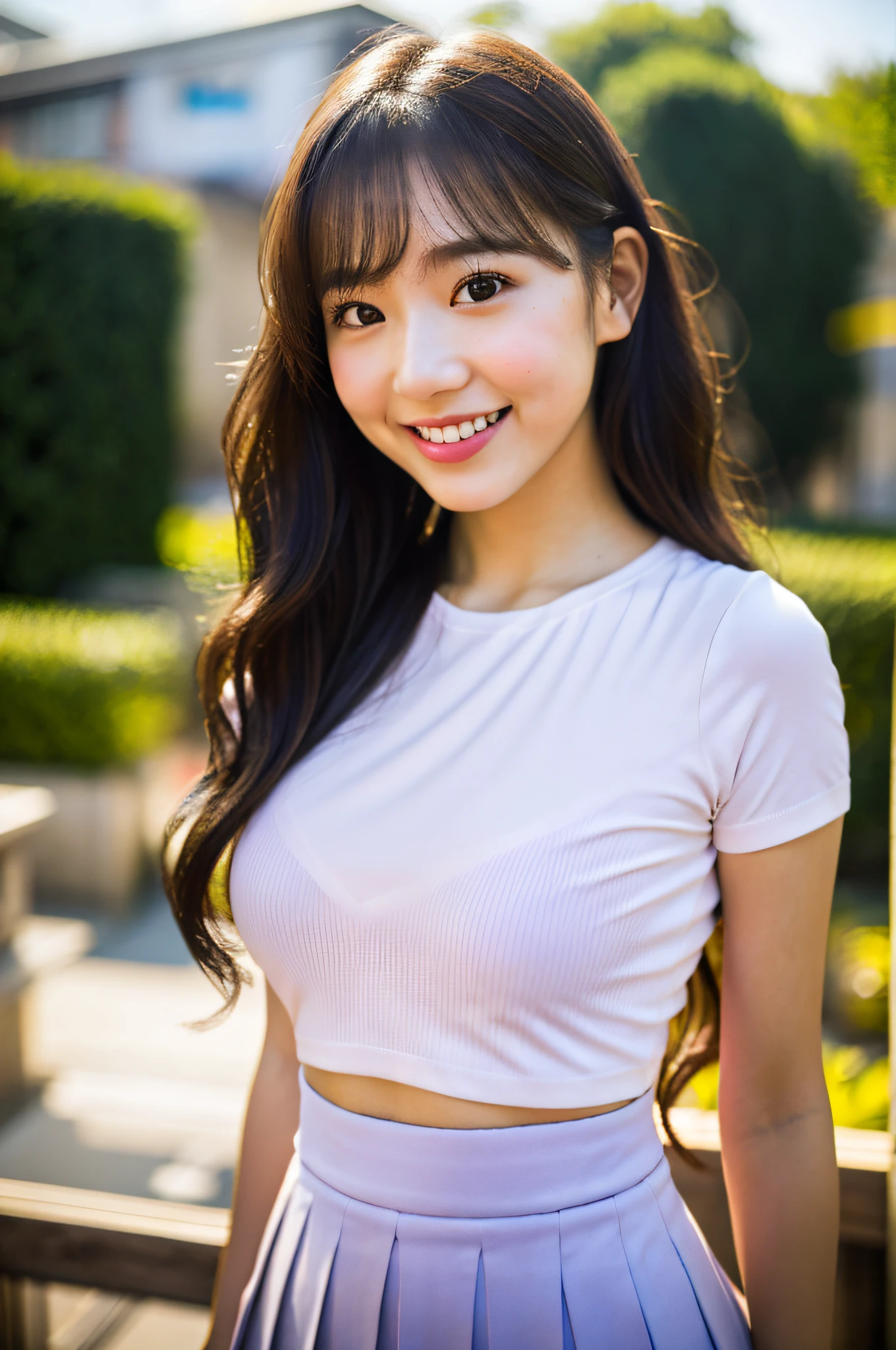4K, LDR, best quality, masterpiece, high detail, super high resolution, digital photography, film lighting, perfect light, studio lighting, (fujifilm color:1.2) portrait, wide viewing angle, professional, (photography: 1.2), (dynamic pose: 1.1), (close-up), looking at the audience, 1 girl, solo, smile brightly, delicate face, clear facial details, (detailed face:1.3), medium breasts, wide buttocks, classic wavy long hair, (FSB:1.3), (frosuke: 1.3), (white T-shirt), (transparent bra), (light purple pleated skirt), short sleeves, bangs, Ogawabe in the background, face filled with soft light, girl's bright smile reflected in the light