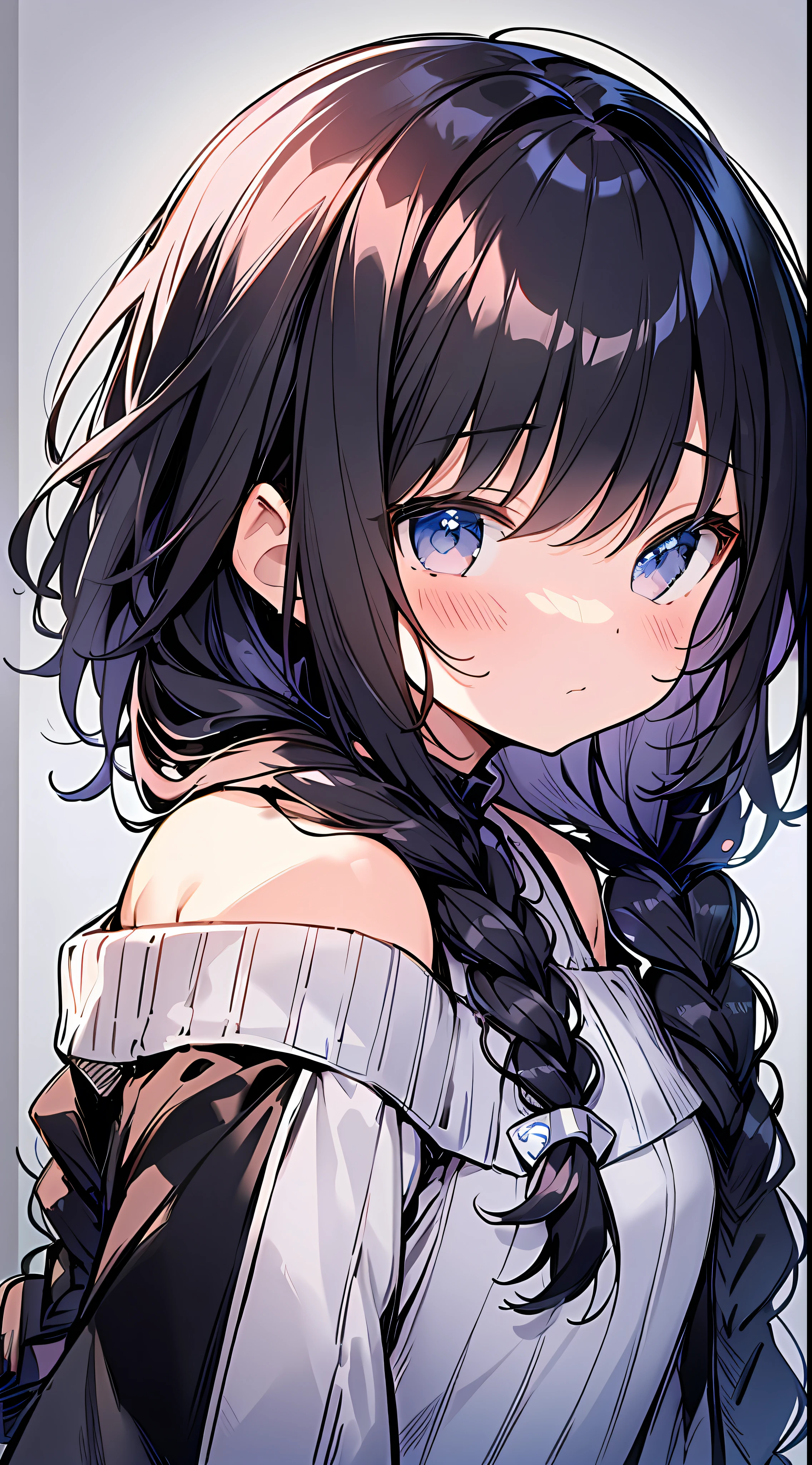 Top Quality, Masterpiece, Ultra High Resolution, 8k, Cream Sweater, Anime Style Little Loli, Single, Ultra Detailed Line Art, Digital Enhancement, Anime Core, Flowing Fabric, Close Up, ((Hair length to shoulder mouth and short braid)), staring at me from the front, soft drawing, beautiful black hair, looks really weak, crisp eyes