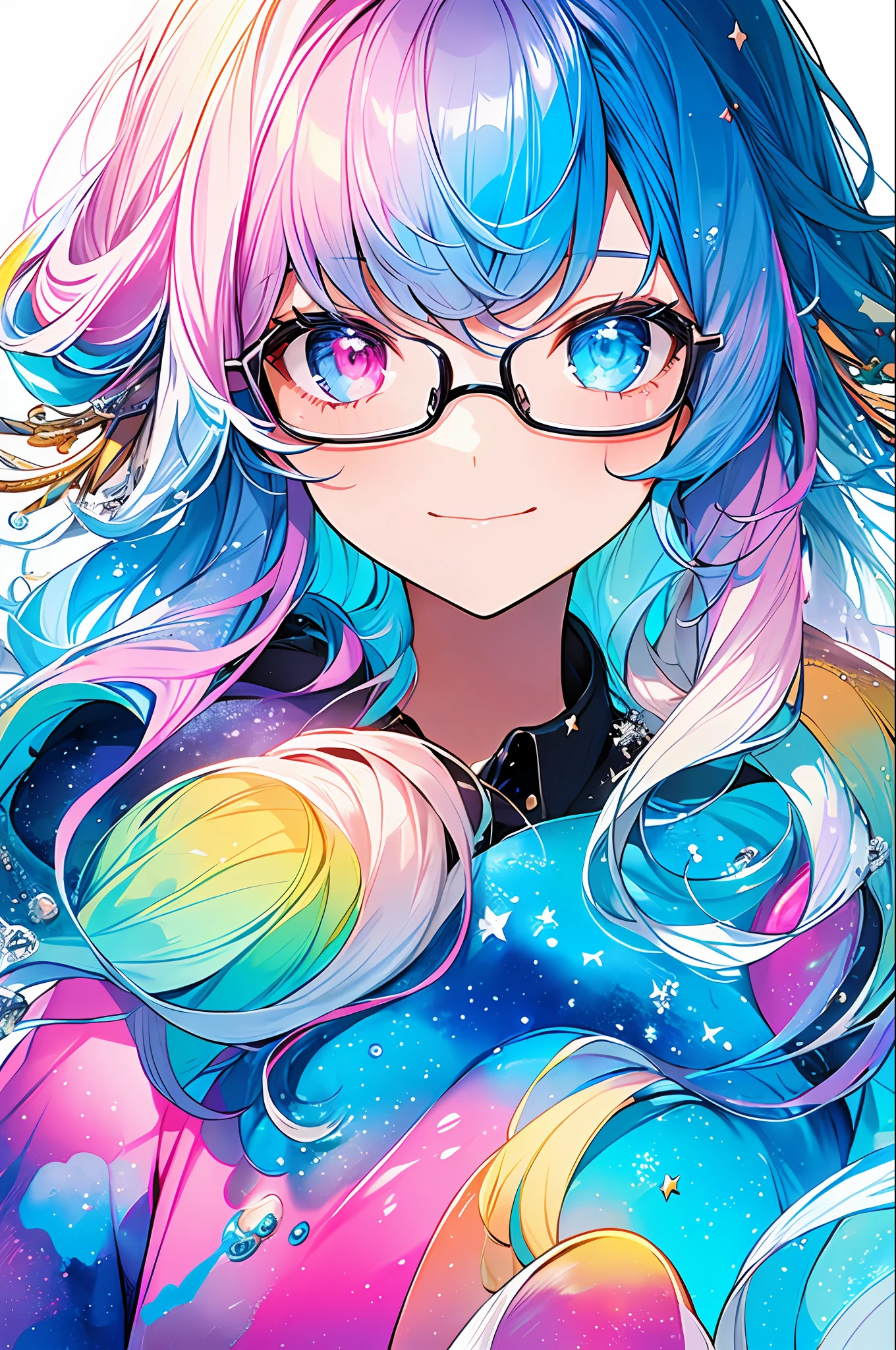 (Masterpiece, Top Quality, Best Quality, Watercolor (Medium), Official Art, Beautiful and Aesthetic: 1.2), (1 Girl: 1.3), (Fractal Art: 1.3), Upper Body, Sideways, Watching the Viewer, Pattern, (Iridescent Hair, Colorful Hair, Half Blue and Half Pink Hair: 1.2), Water, Liquid, Clouds, Colorful, Starry Sky, Stars, Smile, Glasses, Close Up, Heterochromia, (Colorful: 1.5)