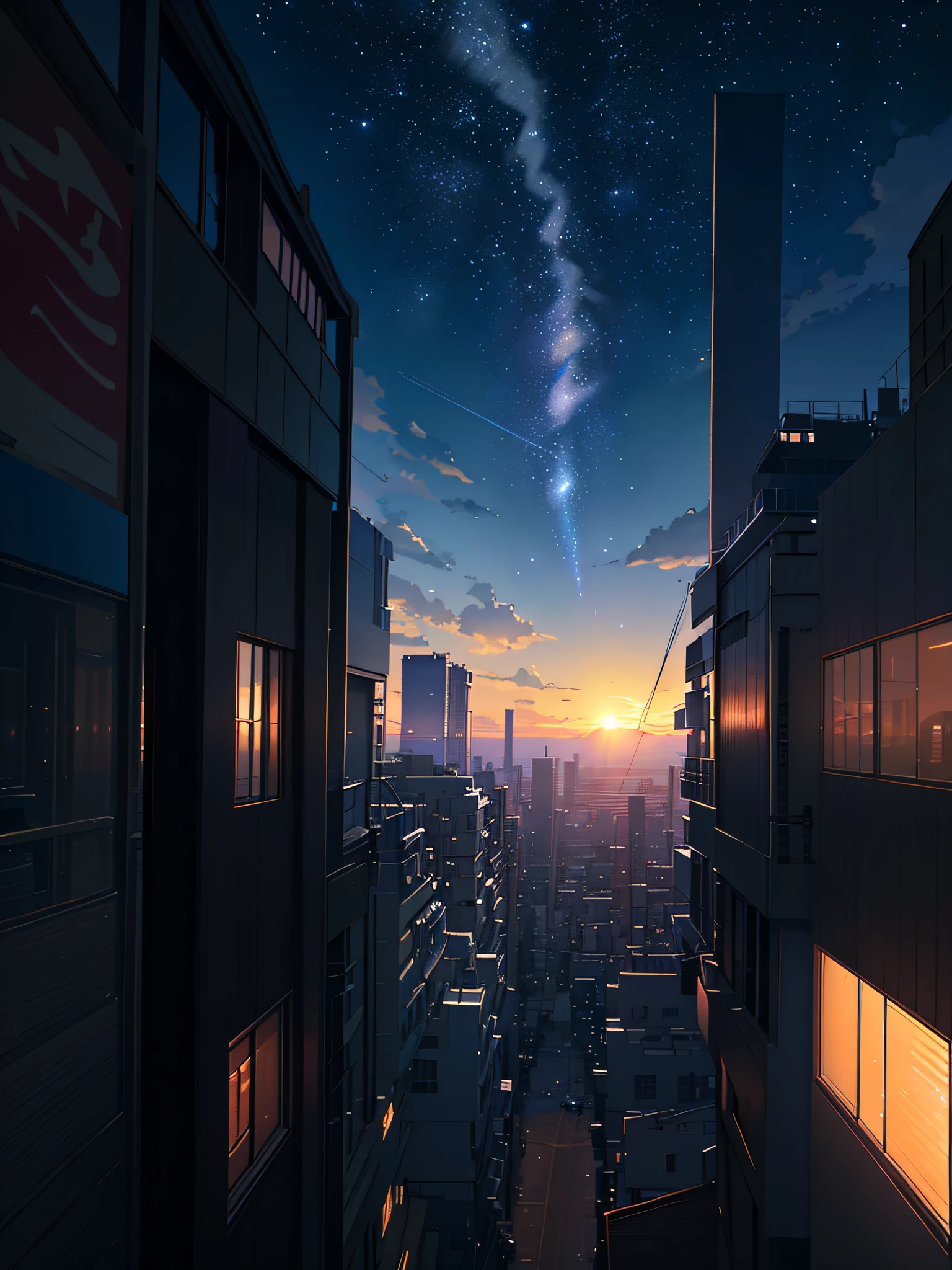 Summer, Makoto Shinkai's concept art, tumbler, magical realism, beautiful anime scenes, beautiful sky. by Makoto Shinkai, ((Makoto Shinkai)), anime background art, anime background, Makoto Shinkai style, anime movie background, Galaxy Express, ((no humans)). --v6