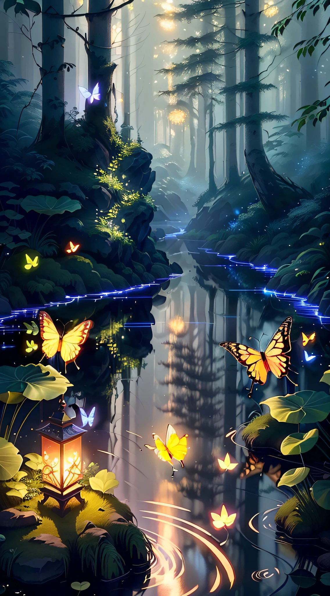 A masterpiece, the best quality, stunning reflections, the best reflections ever. (very detailed CG unity 8k wallpapers), (best quality), (best illustrations), (best shadows), forest theme with natural elements. Tall trees, quiet streams, small glowing mushrooms surrounded by delicate leaves and branches, with fireflies and glowing particle effects,, (natural elements), (jungle theme), (leaves), (twigs), (fireflies), butterflies, (delicate leaves), (glow), (particle effects). , Isometric 3D, Octane Rendering, Ray Traced, Super Detailed