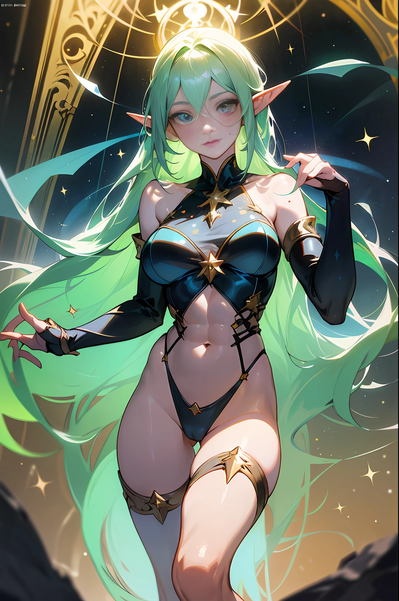 a portrait of a elf girl with freckles and bright striking blue eyes posing for a photo,full body, bare shoulders, muscular, fit, defined abs, thongs, (prominent cameltoe) white freckles, long flowing green hair flying, glowing radiance, beautiful pale makeup, color portrait, stunning portrait, elegant freckles, wearing black thongs with glowing runes of power, black gloves, star-shine, gold dust spread across her skin and her face, (dark, hyper-realistic photos (((portrait))) refraction ,Dark background of magical night forest, deep woods, towering ruins, starlight skies