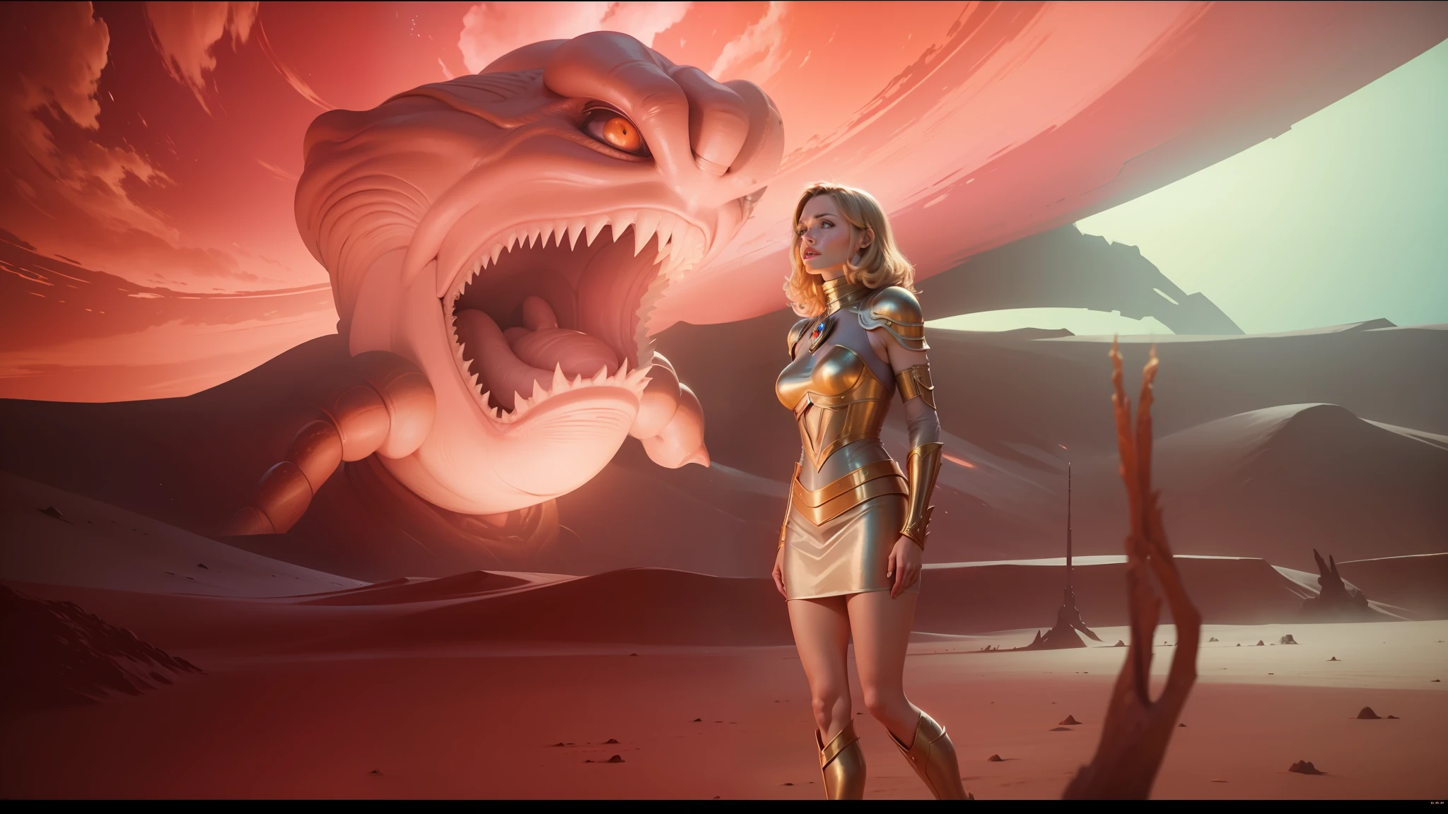 there is a woman standing in front of a giant monster, kylie minogue as barbarella, scene from dune 2 0 2 1 movie, still from movie dune, movie still of the alien girl, from a 2 0 1 9 sci fi 8 k movie, film still from dune 2020, barefoot beautiful girl alien, 1 9 8 9 movie still --auto --s2