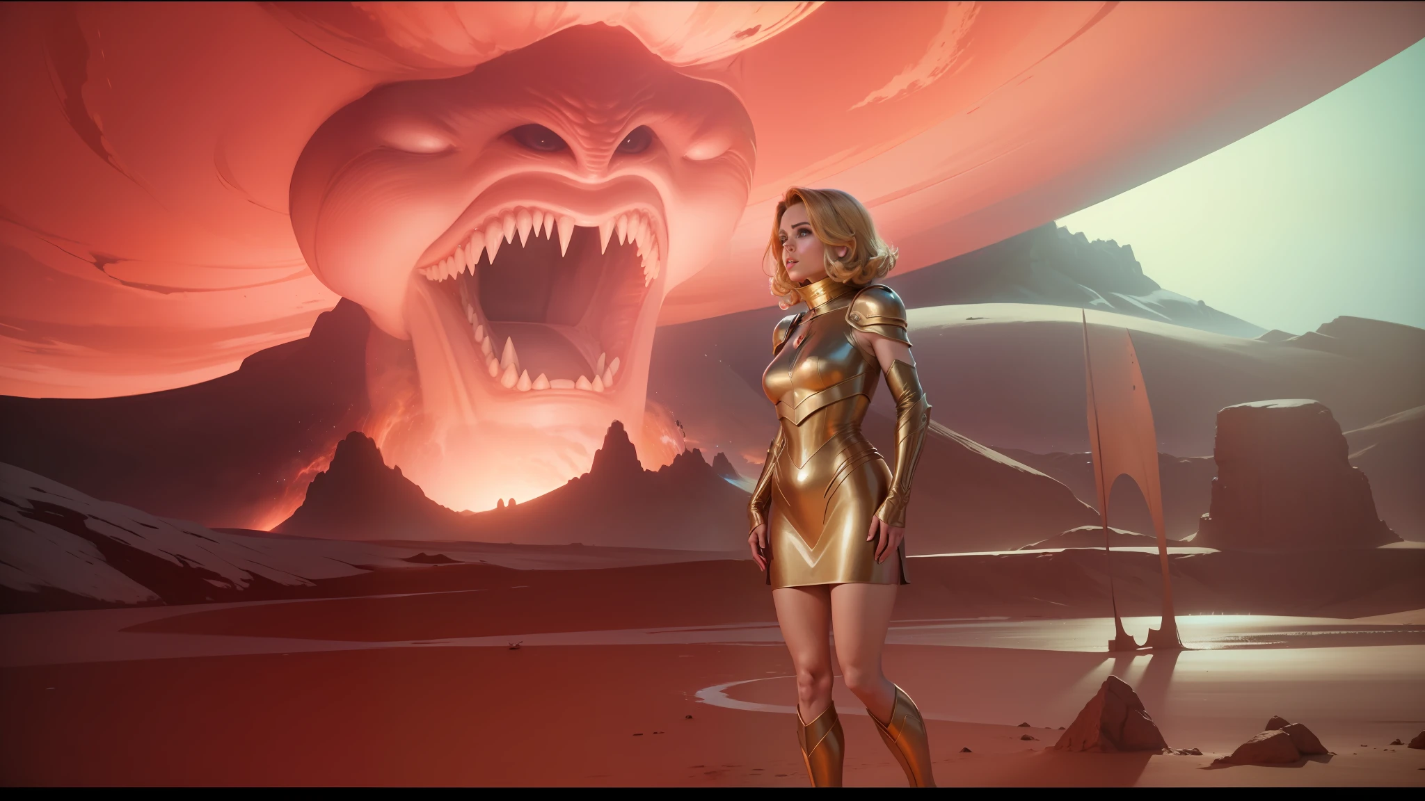 there is a woman standing in front of a giant monster, kylie minogue as barbarella, scene from dune 2 0 2 1 movie, still from movie dune, movie still of the alien girl, from a 2 0 1 9 sci fi 8 k movie, film still from dune 2020, barefoot beautiful girl alien, 1 9 8 9 movie still --auto --s2