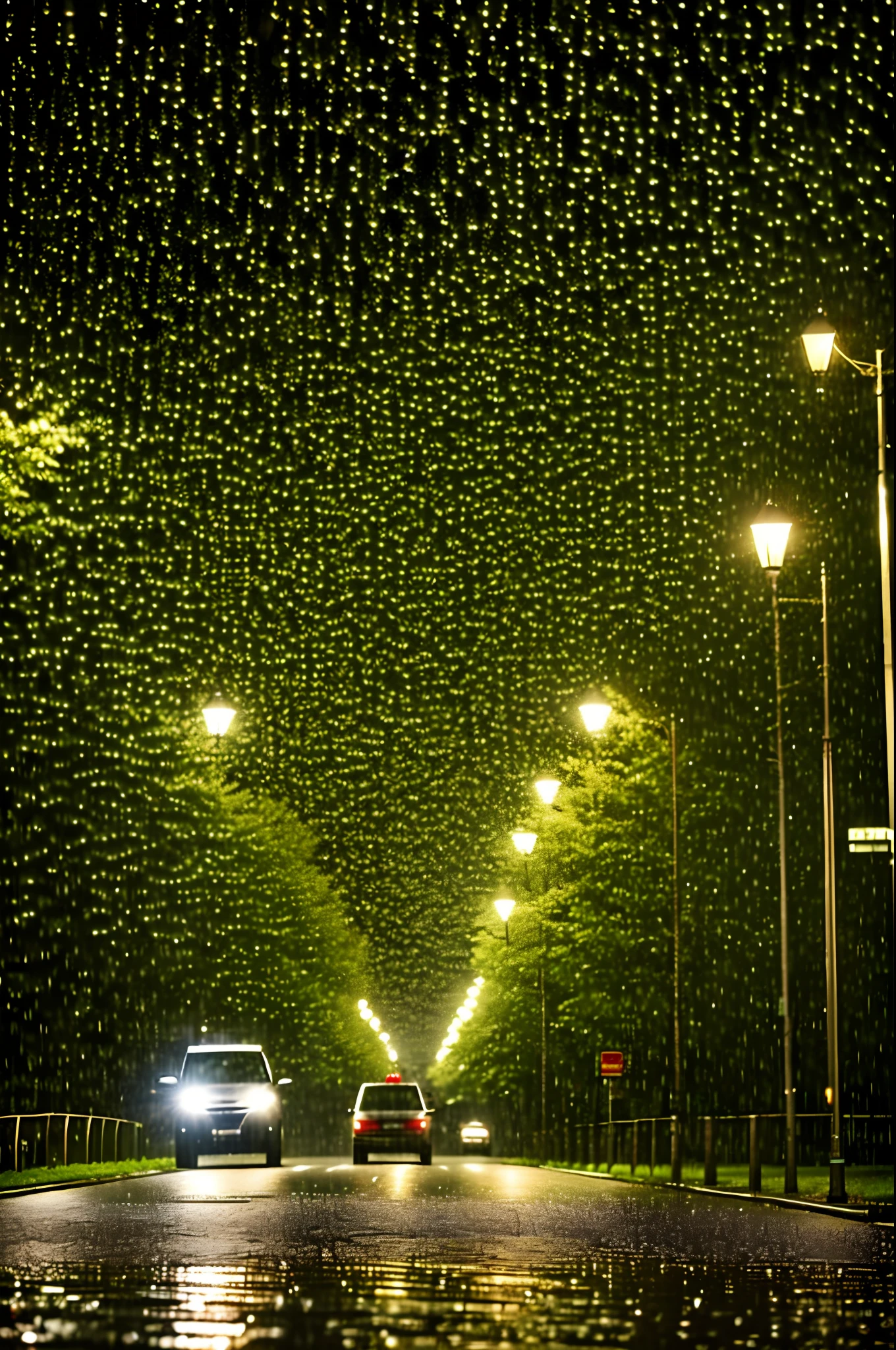 Night in the city, it rains, the road is wet with rain, street lamps, there are more than a dozen roses lying on the road, thick branches and green leaves, raindrops on the flowers, lonely and sad emotional atmosphere sense, wide angle shooting, professional photography, 24K, Canon lens