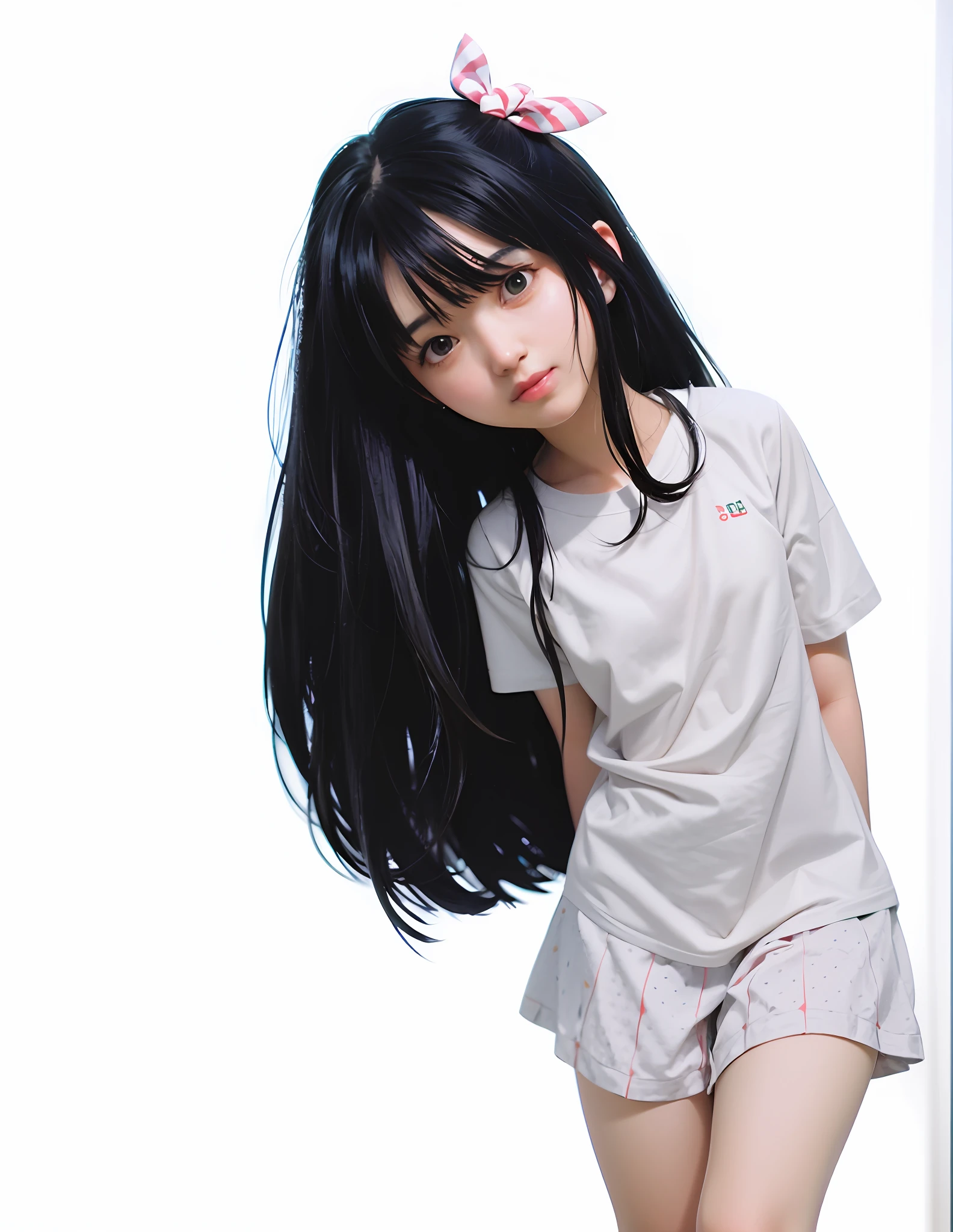 Anime girl in real life, Ilya Kuvshinov with long hair, girl with black hair, long black hair with bangs, anime girl, anime girl with long hair, an anime girl with straight black hair, cute anime girl, pure green clothes, faint smile, 8k