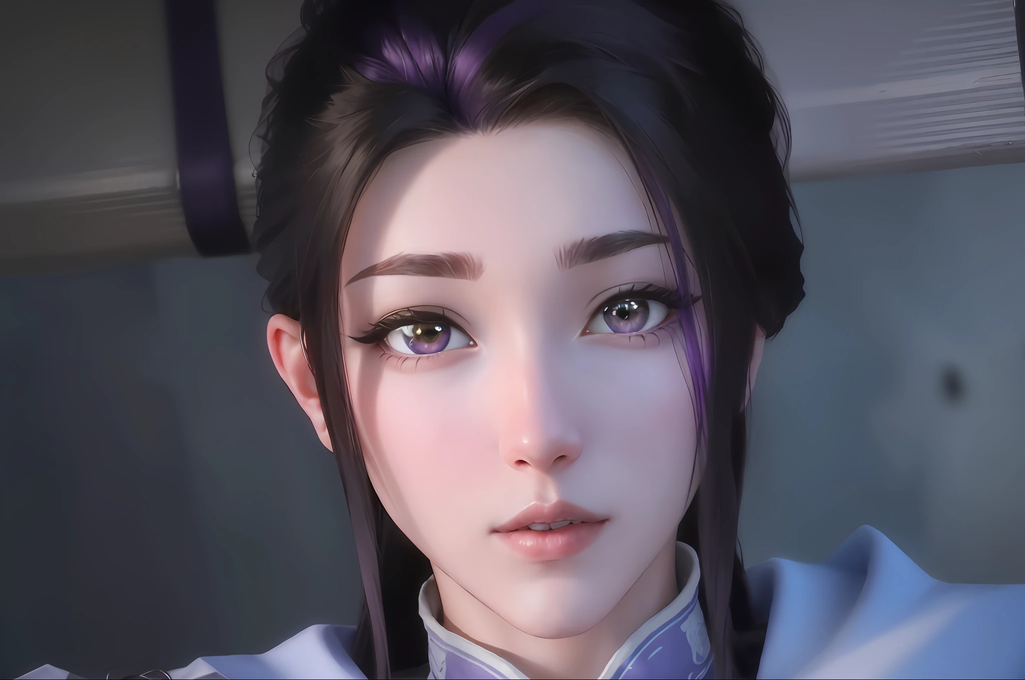 (32k) 16k, 8k, 4k, super detailed face, surprise, surprise, purple hair, purple eyes, high resolution, perfect.