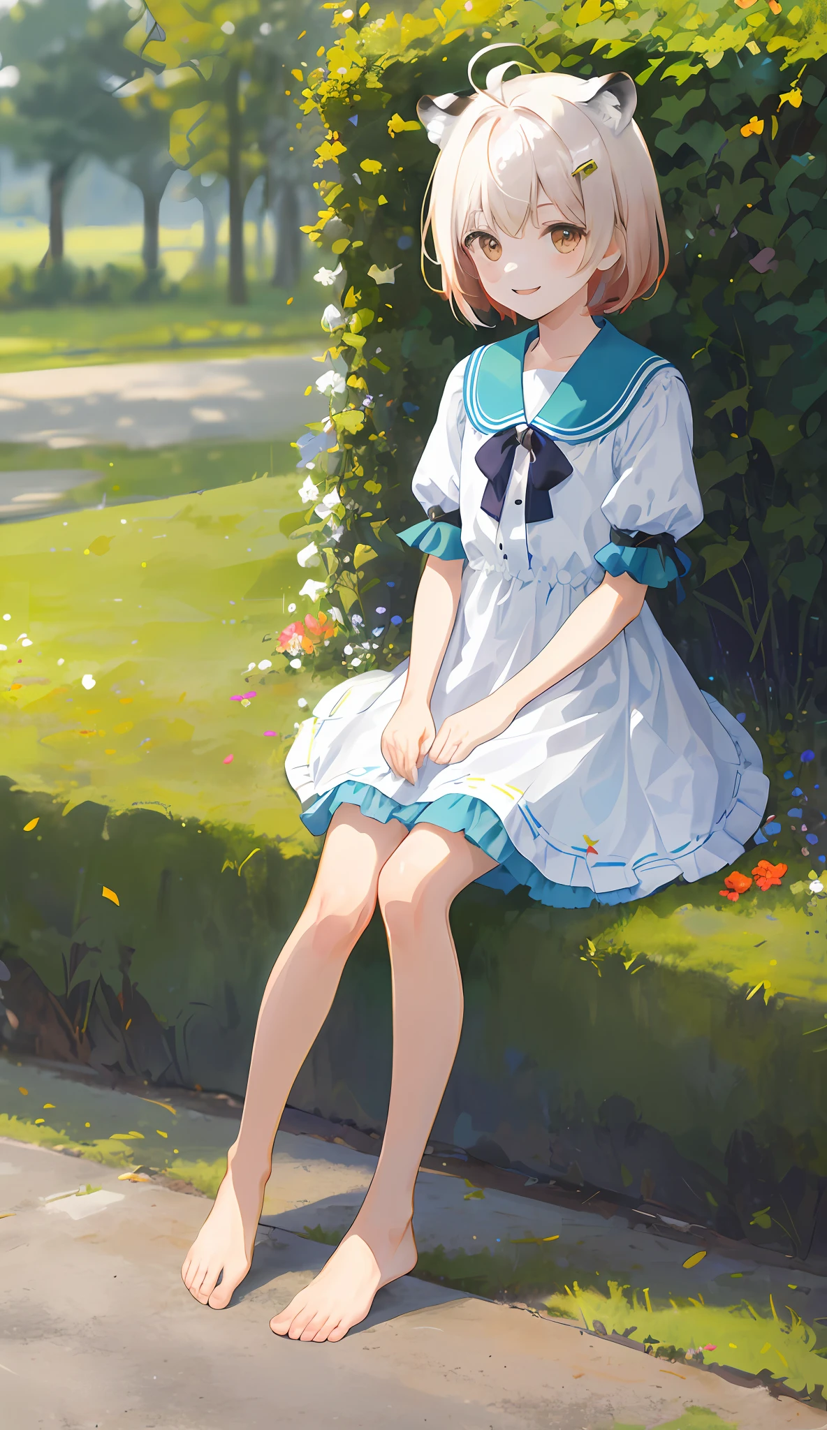((masterpiece, best quality)),1boy, solo, animal ears, tiger, barefoot, knees up, sitting, short sleeves, looking at the audience, grass, short hair, smile, red hair, outdoor, fluffy short sleeves, on the ground, full body, animal, sunlight, brown eyes, dappled sunlight, daytime, depth of field
