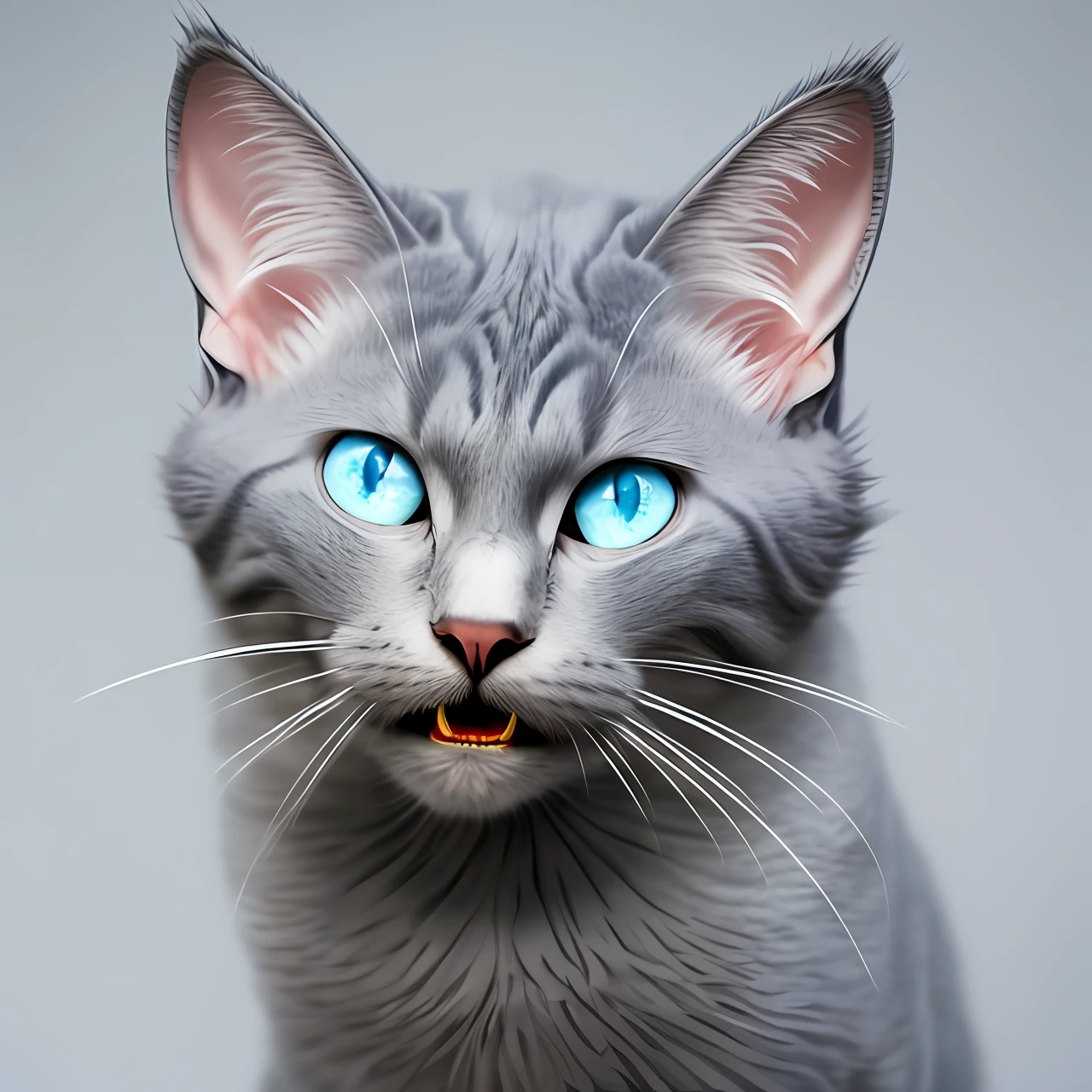 Gray cat with big ears, hat on head, blue eyes. With teeth sampled, very angry, about to attack