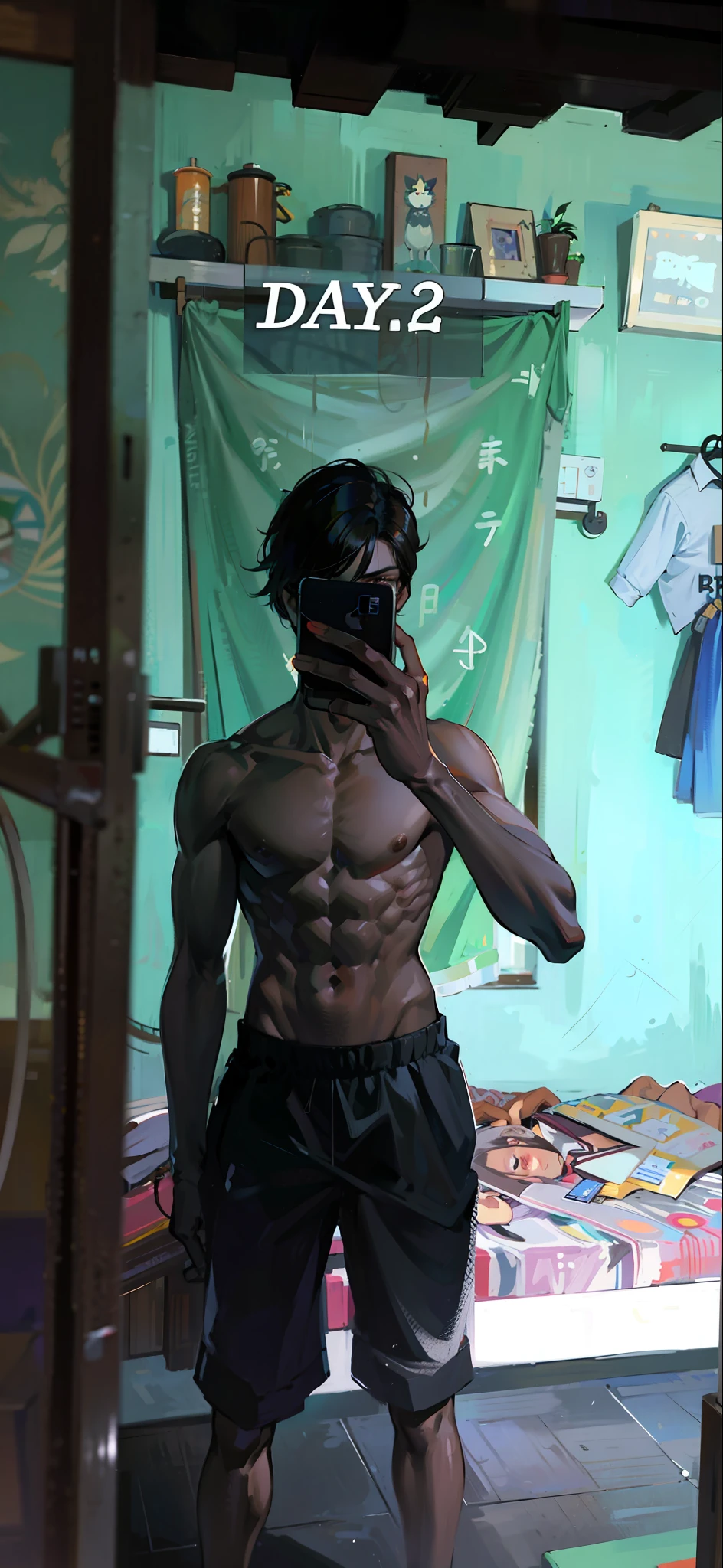 1boy, male, young , muscular, long black hair, brown eyes, tanned skin, gym uniform, open shirt, open chest, shorts, iphone in hand, satisfied grin, sexy, stand in front of mirror, abs on body ,triceps, biceps
