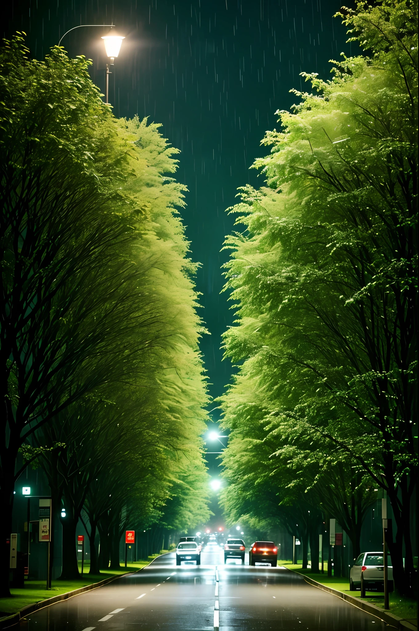 Night in the city, it rains, the road is wet with rain, street lamps, there are more than a dozen roses lying on the road, thick branches and green leaves, raindrops on the flowers, lonely and sad emotional atmosphere sense, wide angle shooting, professional photography, 24K, Canon lens