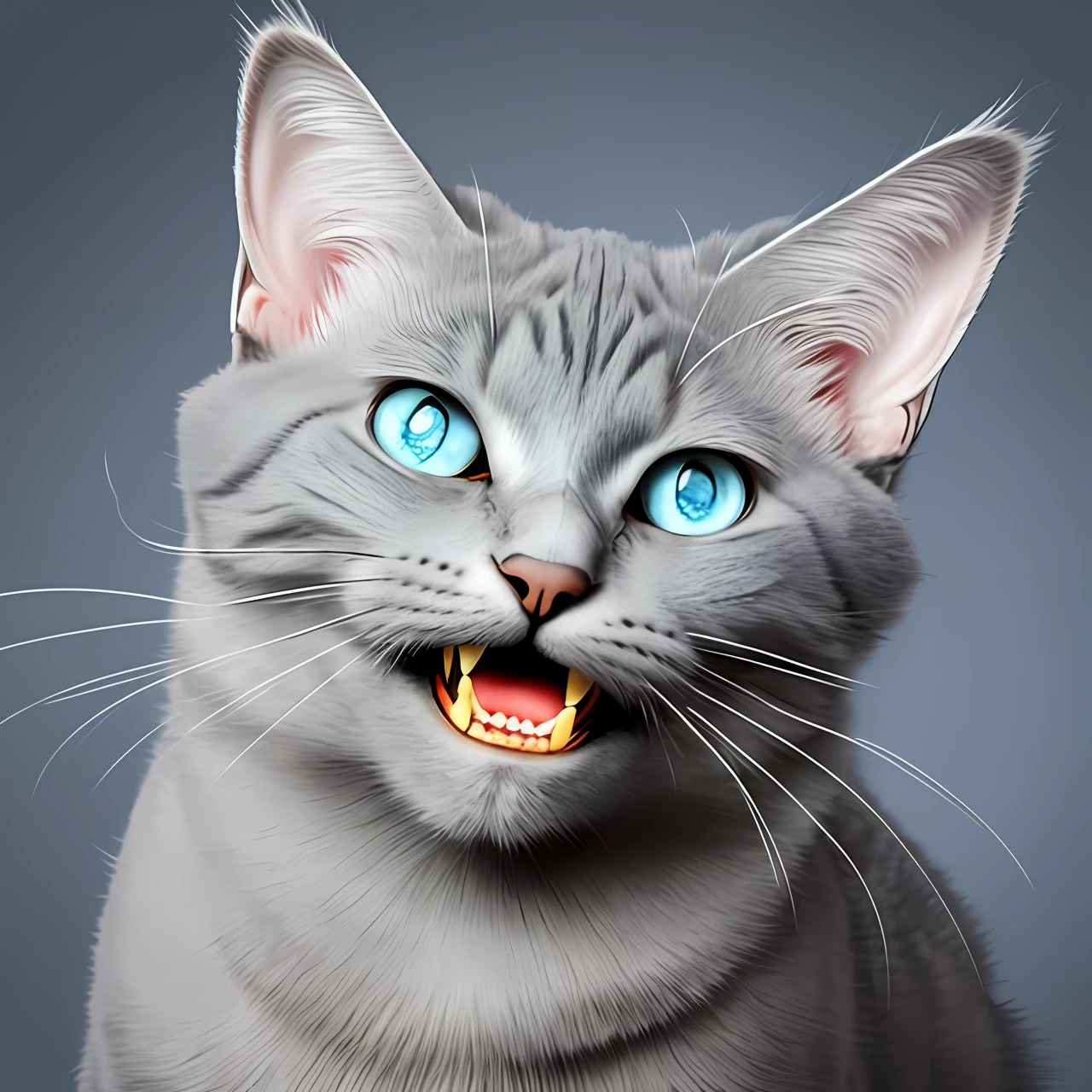 Gray cat with big ears, hat on head, blue eyes. With teeth sampled, very angry, about to attack
