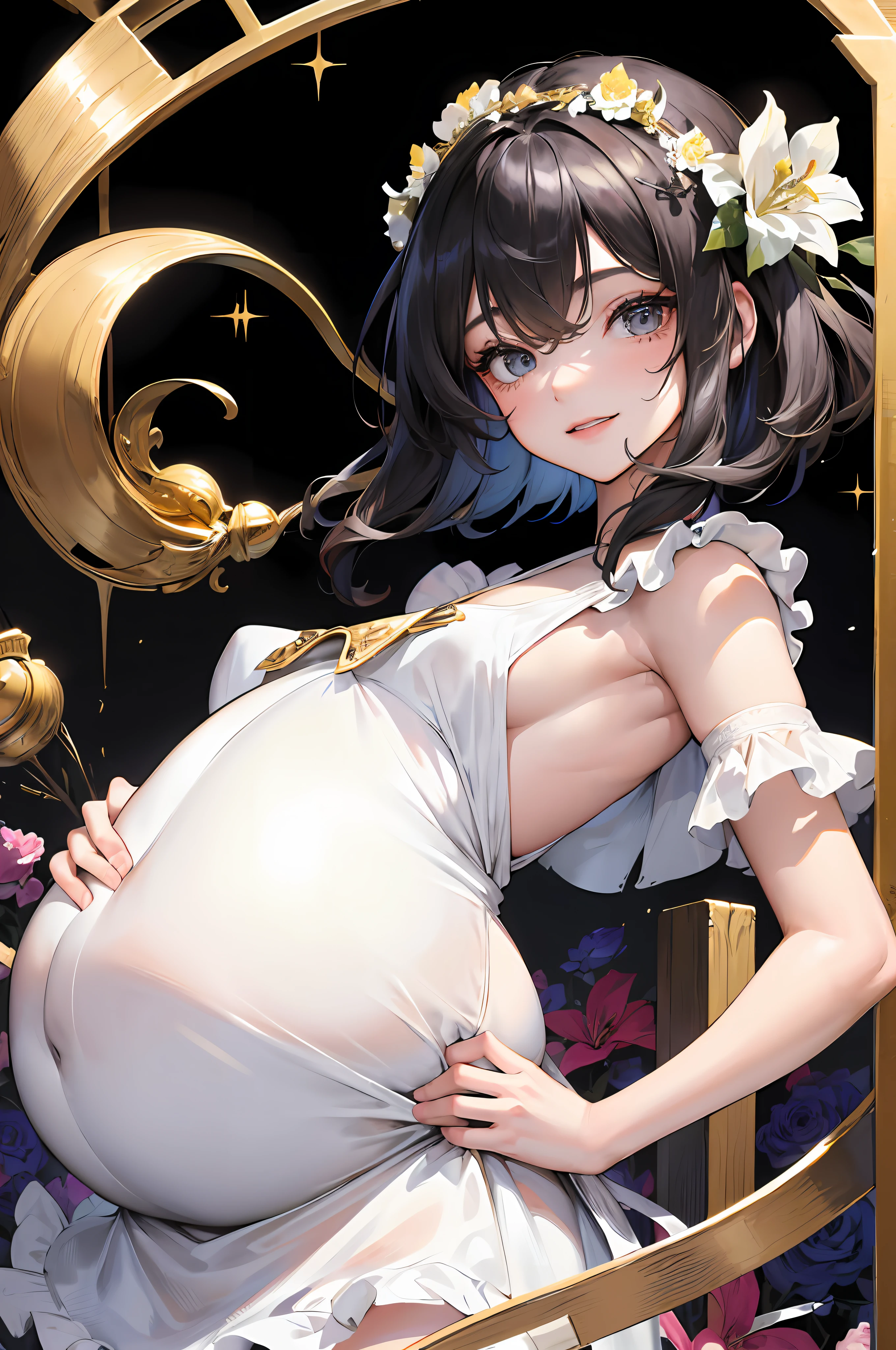 goddess of youth, masterpiece, best quality, super detailed, illustration, (super detailed face), ((best face)), face lighting, clear texture, nuanced texture, at a banquet, ultra-high-definition detail display, excellent image expression, , ((1girl)), young girl, (daughter), children's white stockings, nude apron, erect, wine maid, mischievous smile, exquisite accessories, flat chest, ((pregnant)), wearing a flower crown, holding a gold cup, drunk, forever youthful, Black hair, short hair, (eccentric), ancient Greek costume