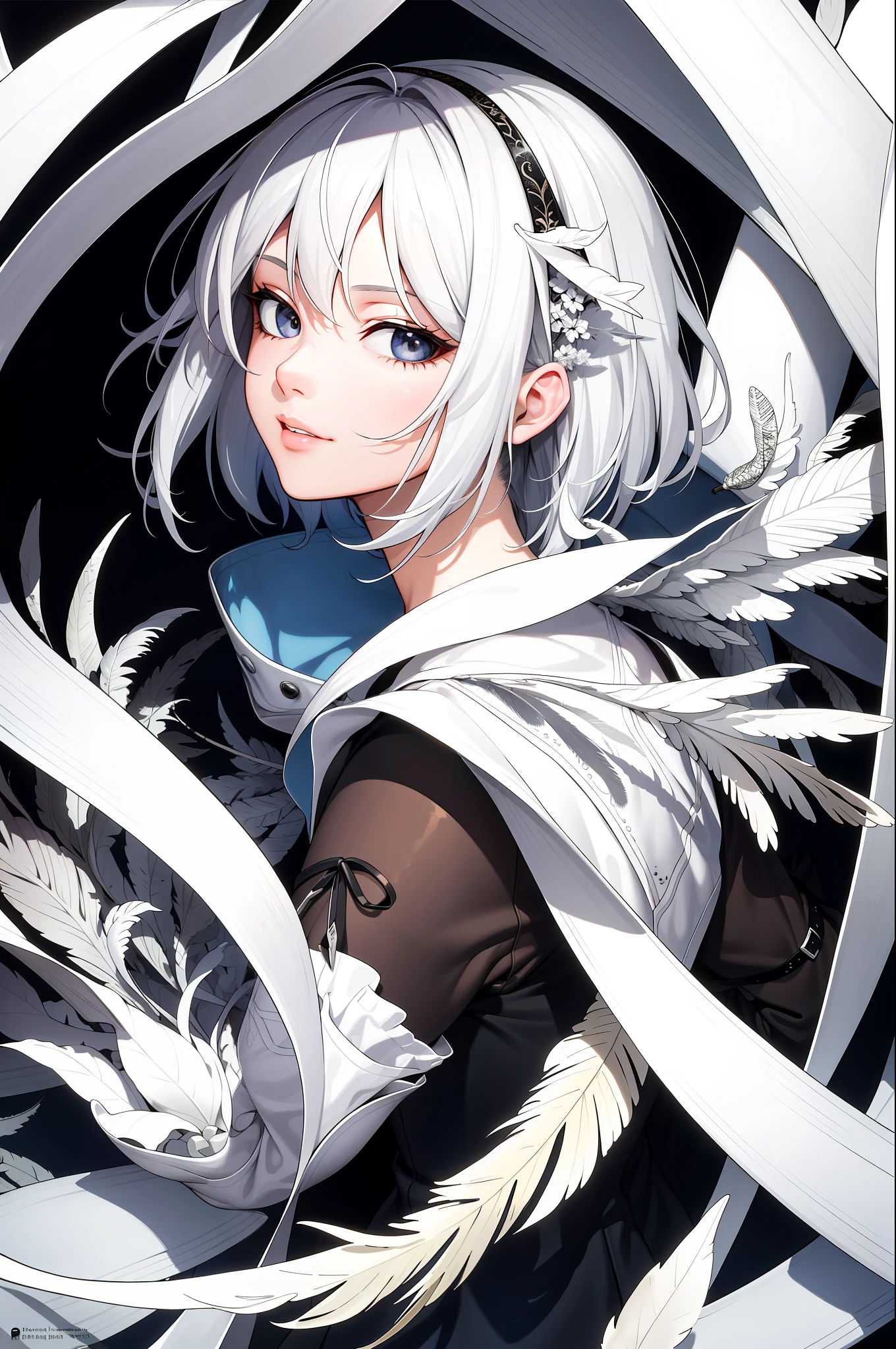 (masterpiece, top quality, high resolution: 1.4), detail, intricate detail, 4K, color splash, line art, art, fibonacci, silver-haired girl, white feathers