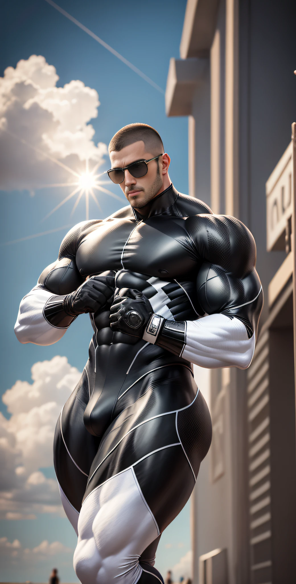 Arad man in white and black clothes standing on the sunny beach, with his back to the camera, American round head, Buzz cut, hips, tall and burly, muscular male hero, heroic male pose, muscular! Wearing black sunglasses, spandex tight high elastic bodysuit, symmetrical floral design, super buff and cool, high resolution committee, character design police, black military boots, attractive strong male with spandex tight high elastic bodysuit, weaving hot sunlight on the body