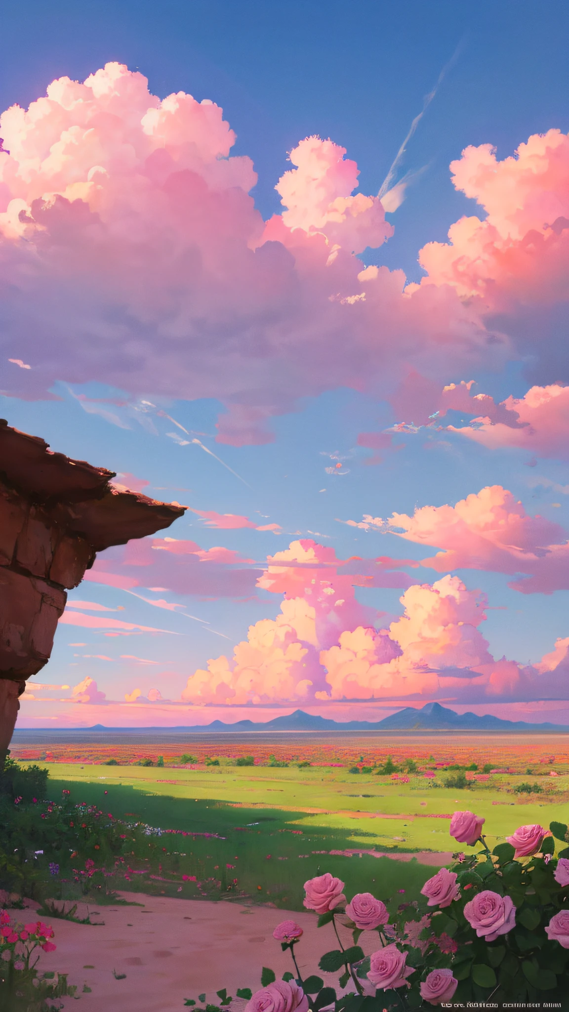 Summer, desert, pink clouds, a land overgrown with roses, James Gurney, art station rendering, ultra-wide lens, high definition