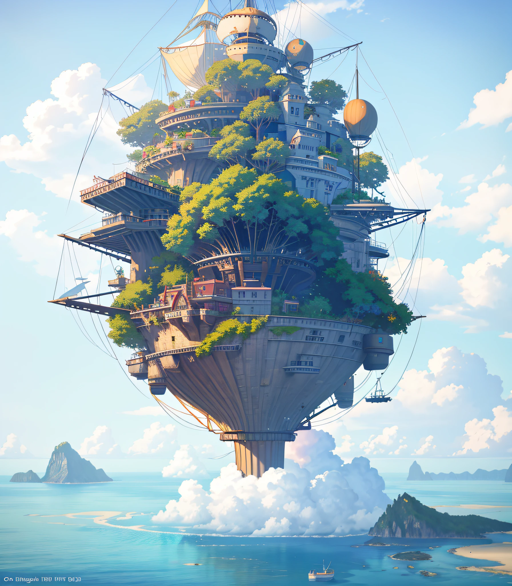 Many islands are suspended in the air with many small airships flying around, cities, fantasy, magical plants growing, extreme details, realistic light, epic composition, (complex details), (complex design, ultra-details :1.2), Art Station, (Masterpiece, Best Quality), Ultra HD, 32k --v 6